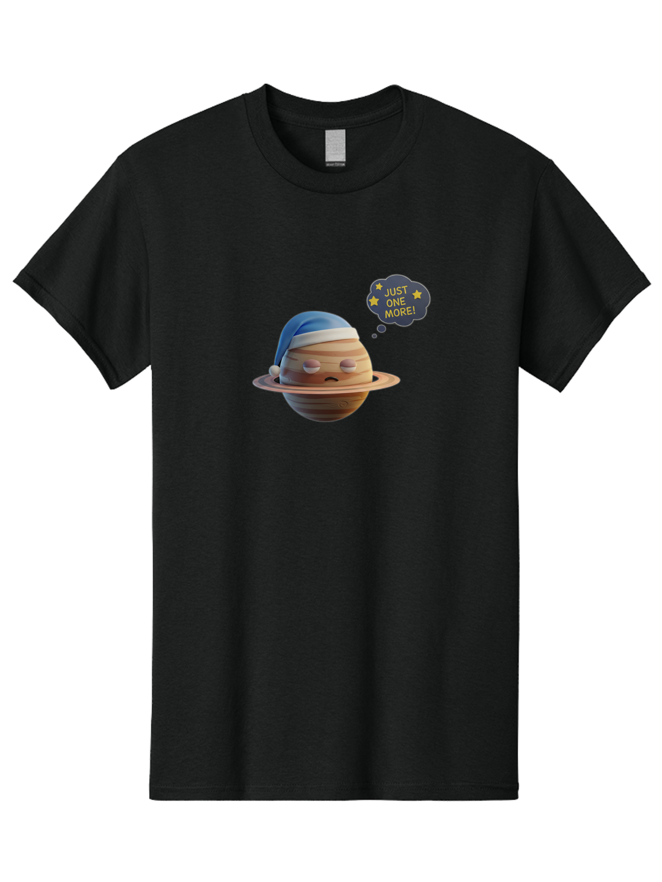 Saturn-With-Sleeping-Cap Men'S Graphic Tee, 100% Cotton, Comfortable Casual Summer Wear, Machine Washable, Cartoon Planet, Sad Expression, Blue Sleeping Mask, Thought Bubble, Just One More, Stars, Ringed Planet, Fun Design, Kawaii Style, Bac396 6