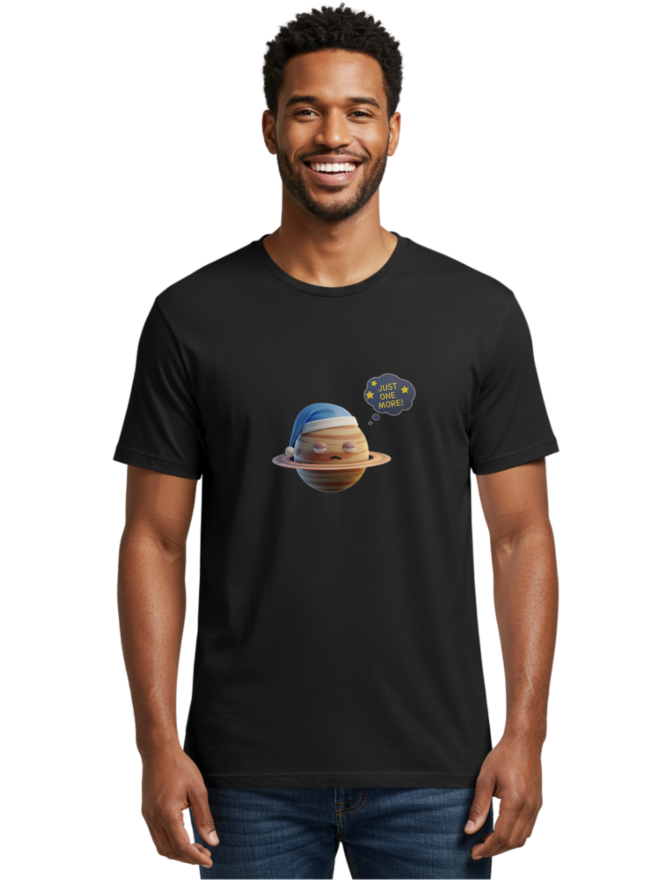Saturn-With-Sleeping-Cap Men'S Graphic Tee, 100% Cotton, Comfortable Casual Summer Wear, Machine Washable, Cartoon Planet, Sad Expression, Blue Sleeping Mask, Thought Bubble, Just One More, Stars, Ringed Planet, Fun Design, Kawaii Style, Bac396 21