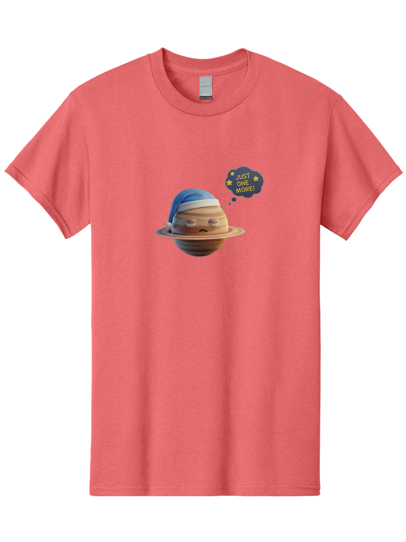 Saturn-With-Sleeping-Cap Men'S Graphic Tee, 100% Cotton, Comfortable Casual Summer Wear, Machine Washable, Cartoon Planet, Sad Expression, Blue Sleeping Mask, Thought Bubble, Just One More, Stars, Ringed Planet, Fun Design, Kawaii Style, Bac396 10
