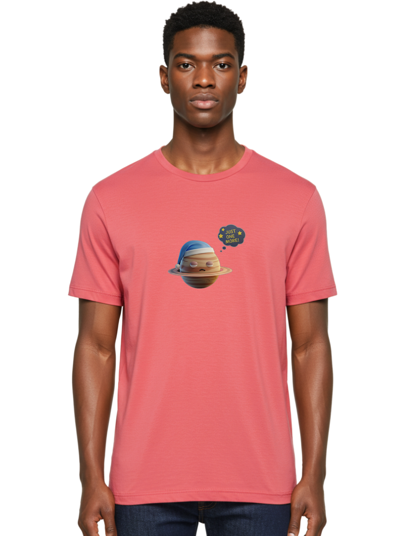 Saturn-With-Sleeping-Cap Men'S Graphic Tee, 100% Cotton, Comfortable Casual Summer Wear, Machine Washable, Cartoon Planet, Sad Expression, Blue Sleeping Mask, Thought Bubble, Just One More, Stars, Ringed Planet, Fun Design, Kawaii Style, Bac396 25