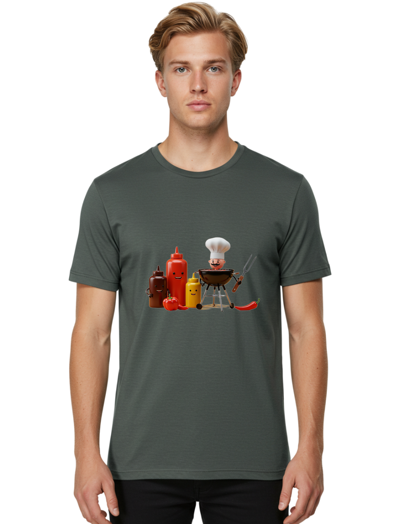 Saucy-Chef Men'S Graphic Tee, 100% Cotton, Comfortable Casual Summer Wear, Machine Washable, Fun Kitchen Utensils, Chef Cooking, Cartoon Characters, Barbecue Grill, Bbq Sauce, Hot Sauce, Mustard Bottle, Cartoon Cooking, Grilled Food, Bac397 18