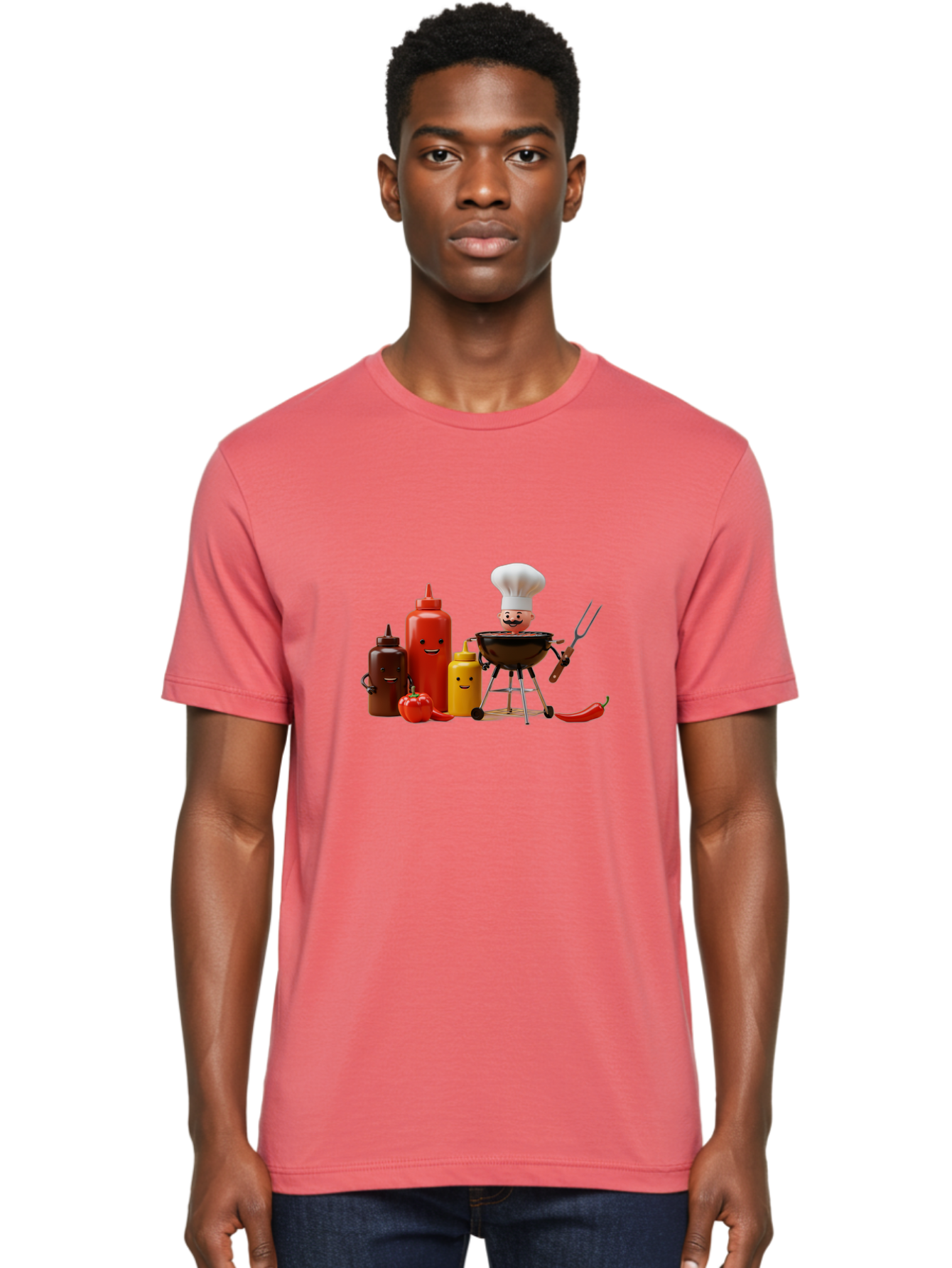 Saucy-Chef Men'S Graphic Tee, 100% Cotton, Comfortable Casual Summer Wear, Machine Washable, Fun Kitchen Utensils, Chef Cooking, Cartoon Characters, Barbecue Grill, Bbq Sauce, Hot Sauce, Mustard Bottle, Cartoon Cooking, Grilled Food, Bac397 20