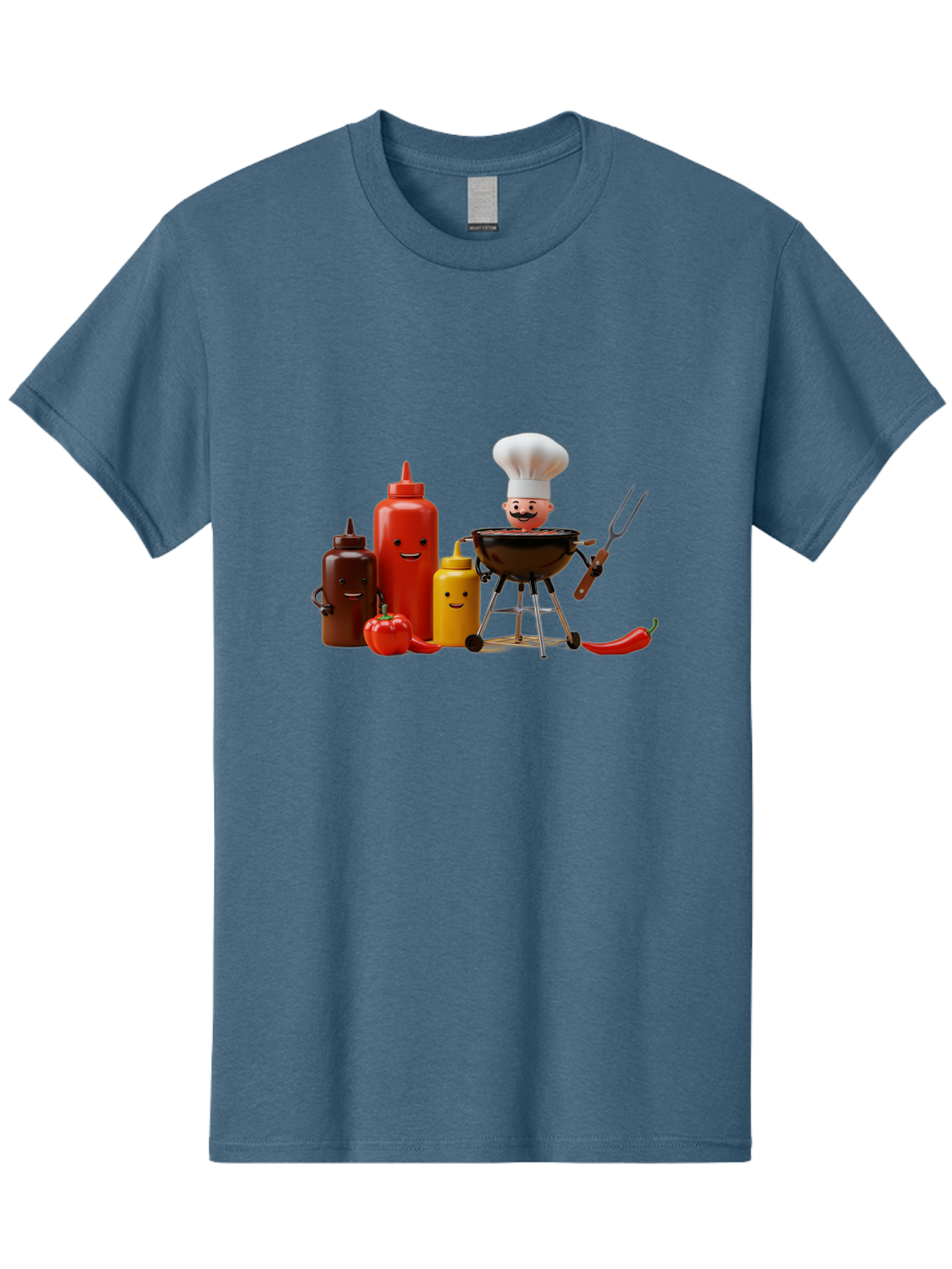 Saucy-Chef Men'S Graphic Tee, 100% Cotton, Comfortable Casual Summer Wear, Machine Washable, Fun Kitchen Utensils, Chef Cooking, Cartoon Characters, Barbecue Grill, Bbq Sauce, Hot Sauce, Mustard Bottle, Cartoon Cooking, Grilled Food, Bac397 7