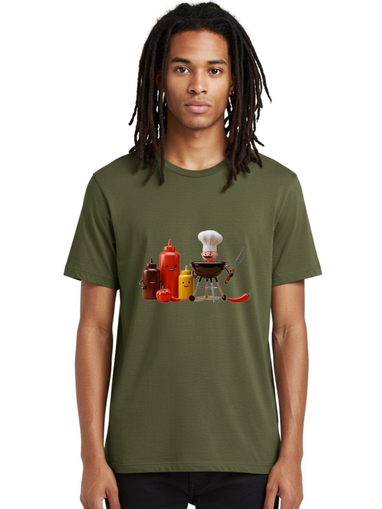 Saucy-Chef Men'S Graphic Tee, 100% Cotton, Comfortable Casual Summer Wear, Machine Washable, Fun Kitchen Utensils, Chef Cooking, Cartoon Characters, Barbecue Grill, Bbq Sauce, Hot Sauce, Mustard Bottle, Cartoon Cooking, Grilled Food, Bac397 29