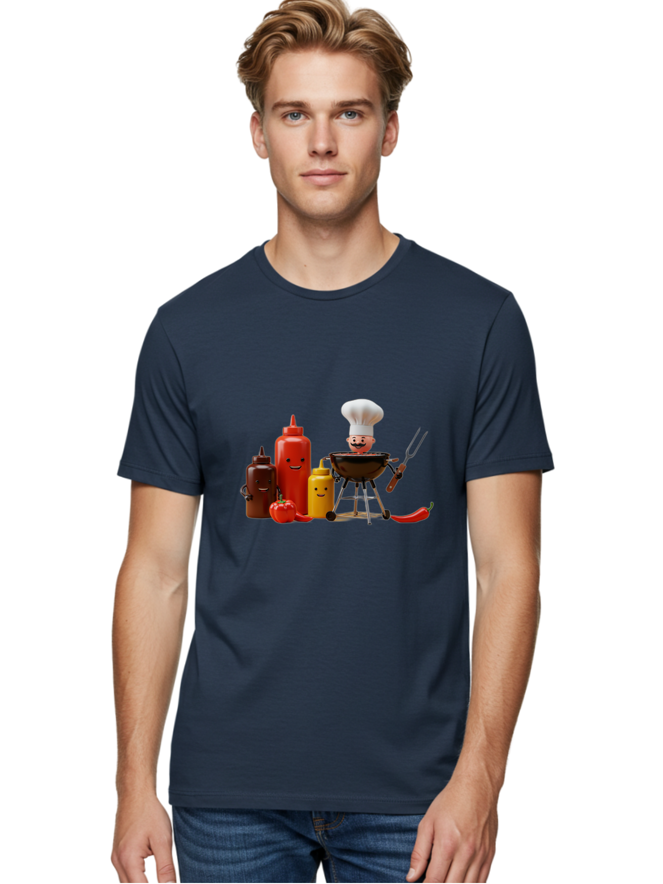Saucy-Chef Men'S Graphic Tee, 100% Cotton, Comfortable Casual Summer Wear, Machine Washable, Fun Kitchen Utensils, Chef Cooking, Cartoon Characters, Barbecue Grill, Bbq Sauce, Hot Sauce, Mustard Bottle, Cartoon Cooking, Grilled Food, Bac397 27