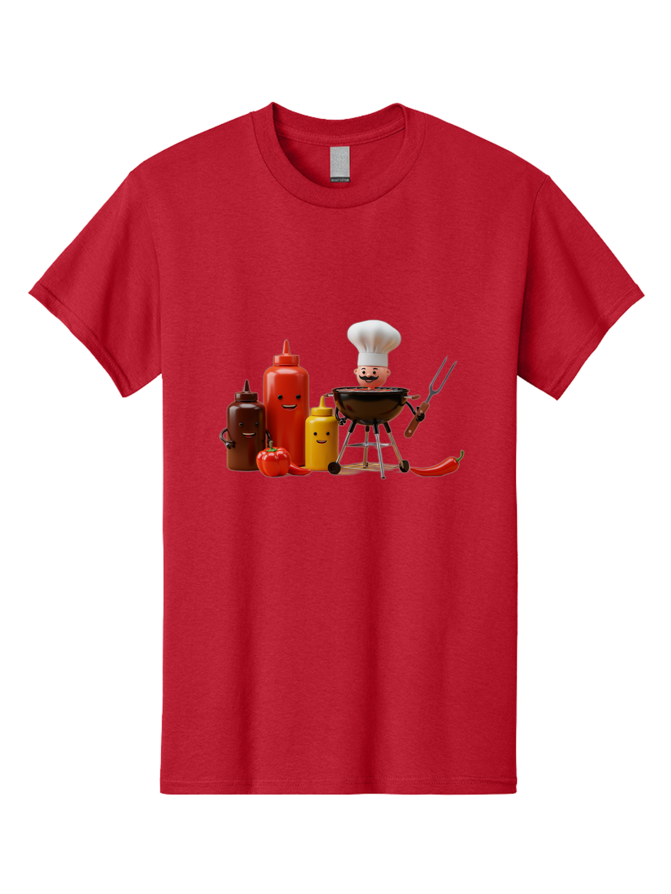 Saucy-Chef Men'S Graphic Tee, 100% Cotton, Comfortable Casual Summer Wear, Machine Washable, Fun Kitchen Utensils, Chef Cooking, Cartoon Characters, Barbecue Grill, Bbq Sauce, Hot Sauce, Mustard Bottle, Cartoon Cooking, Grilled Food, Bac397 1