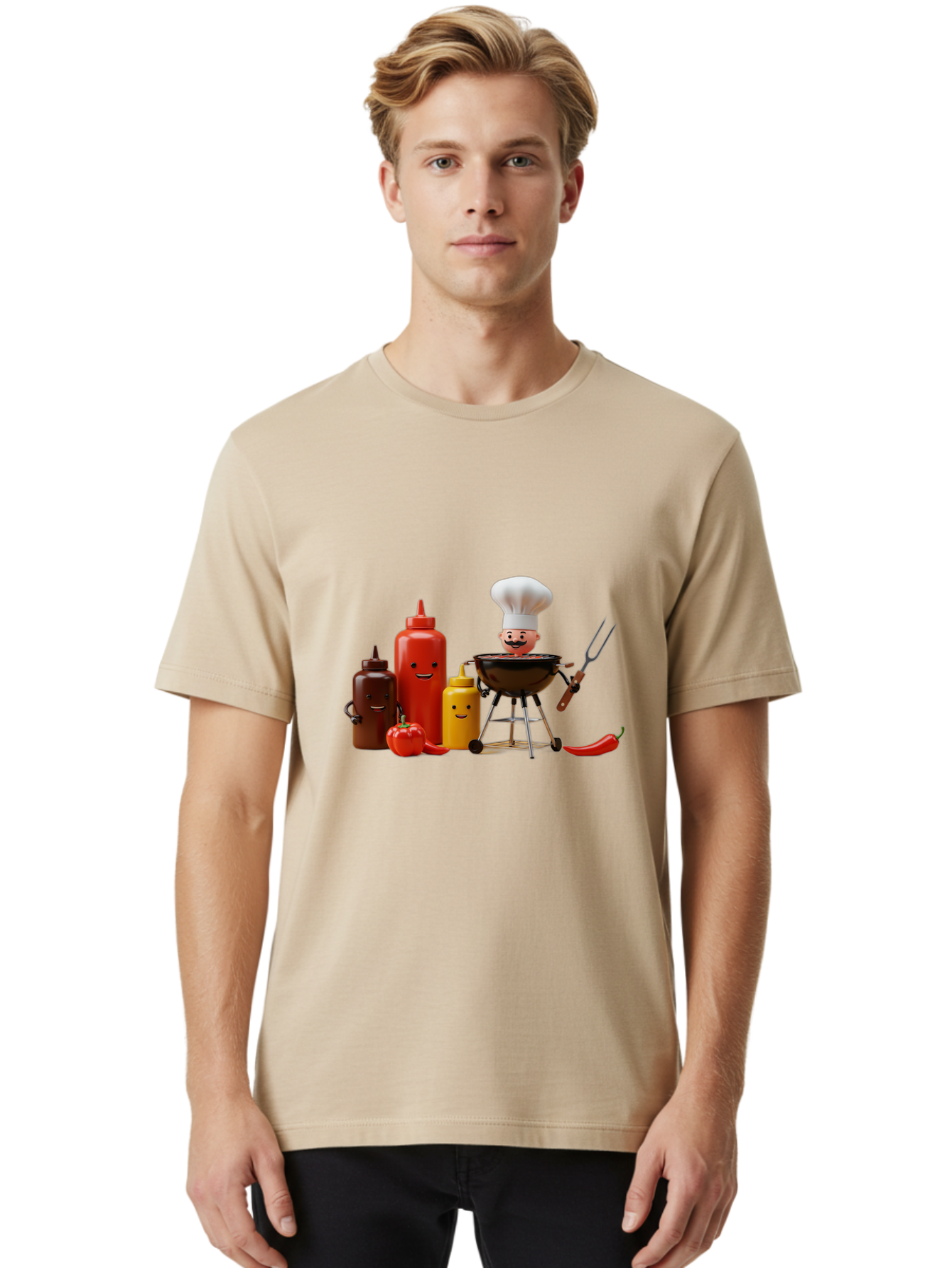 Saucy-Chef Men'S Graphic Tee, 100% Cotton, Comfortable Casual Summer Wear, Machine Washable, Fun Kitchen Utensils, Chef Cooking, Cartoon Characters, Barbecue Grill, Bbq Sauce, Hot Sauce, Mustard Bottle, Cartoon Cooking, Grilled Food, Bac397 23