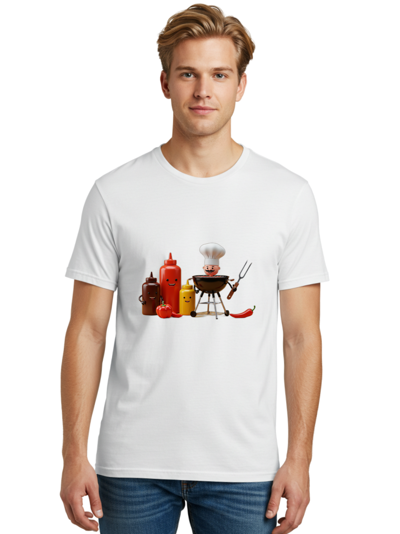 Saucy-Chef Men'S Graphic Tee, 100% Cotton, Comfortable Casual Summer Wear, Machine Washable, Fun Kitchen Utensils, Chef Cooking, Cartoon Characters, Barbecue Grill, Bbq Sauce, Hot Sauce, Mustard Bottle, Cartoon Cooking, Grilled Food, Bac397 17