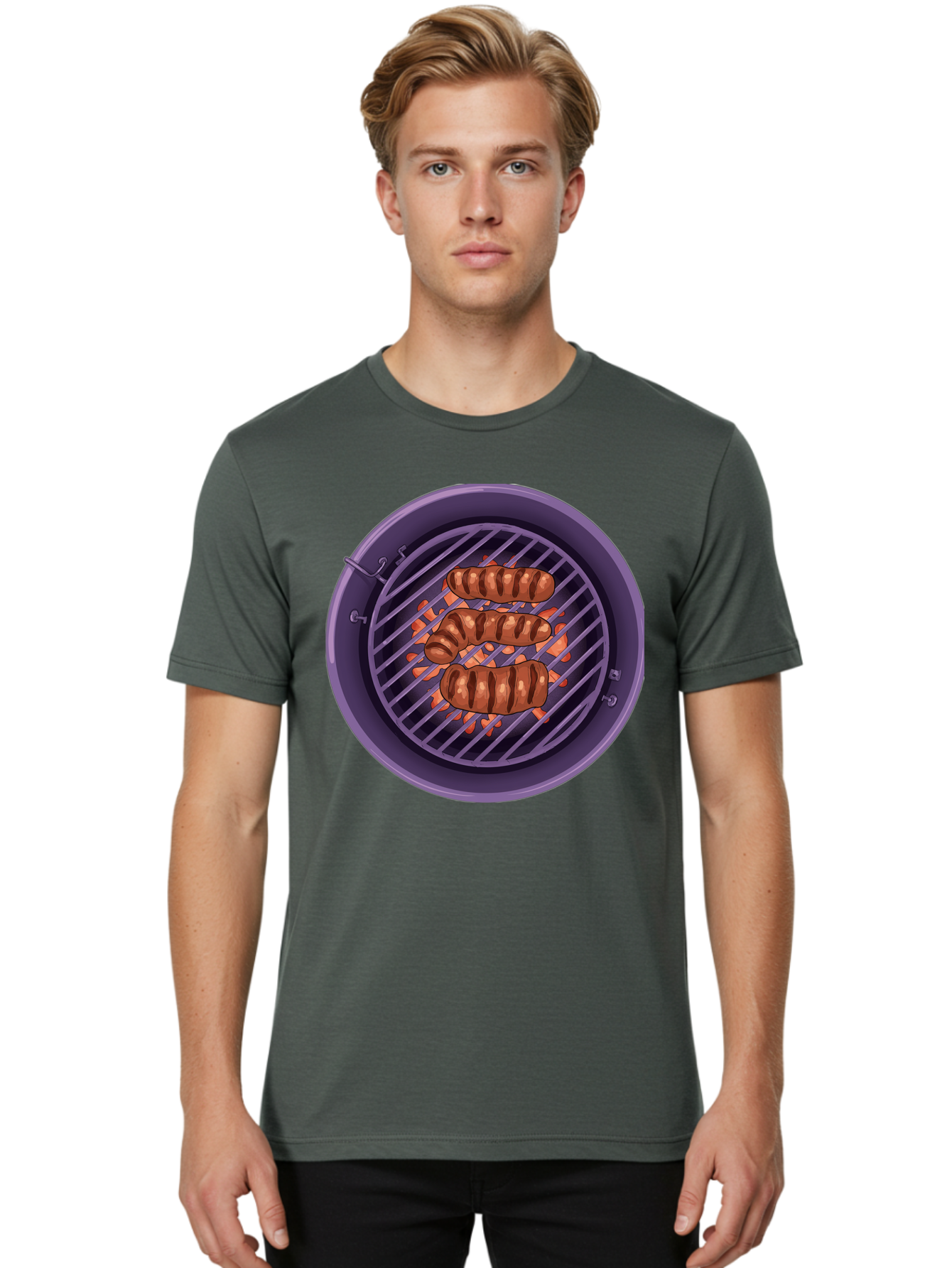 Sausages-On-Grill Men'S Graphic Tee, 100% Cotton, Comfortable Casual Summer Wear, Machine Washable, Sausages On Barbecue Grill, Grilled Sausages, Barbecue Cooking, Outdoor Cooking, Summer Food, Grilled Food, Food On Grill, Barbecue Grill Bac398 24