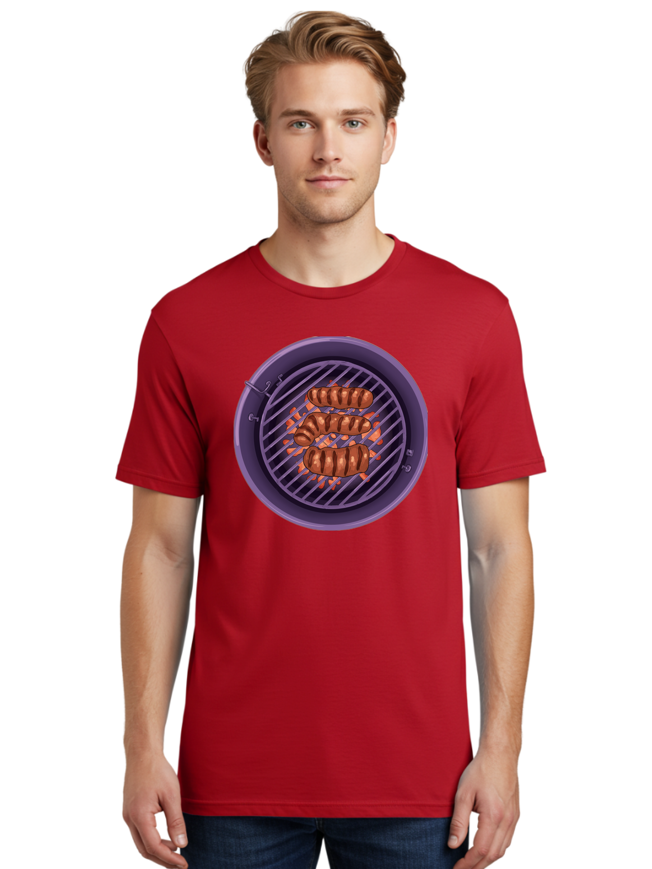 Sausages-On-Grill Men'S Graphic Tee, 100% Cotton, Comfortable Casual Summer Wear, Machine Washable, Sausages On Barbecue Grill, Grilled Sausages, Barbecue Cooking, Outdoor Cooking, Summer Food, Grilled Food, Food On Grill, Barbecue Grill Bac398 21