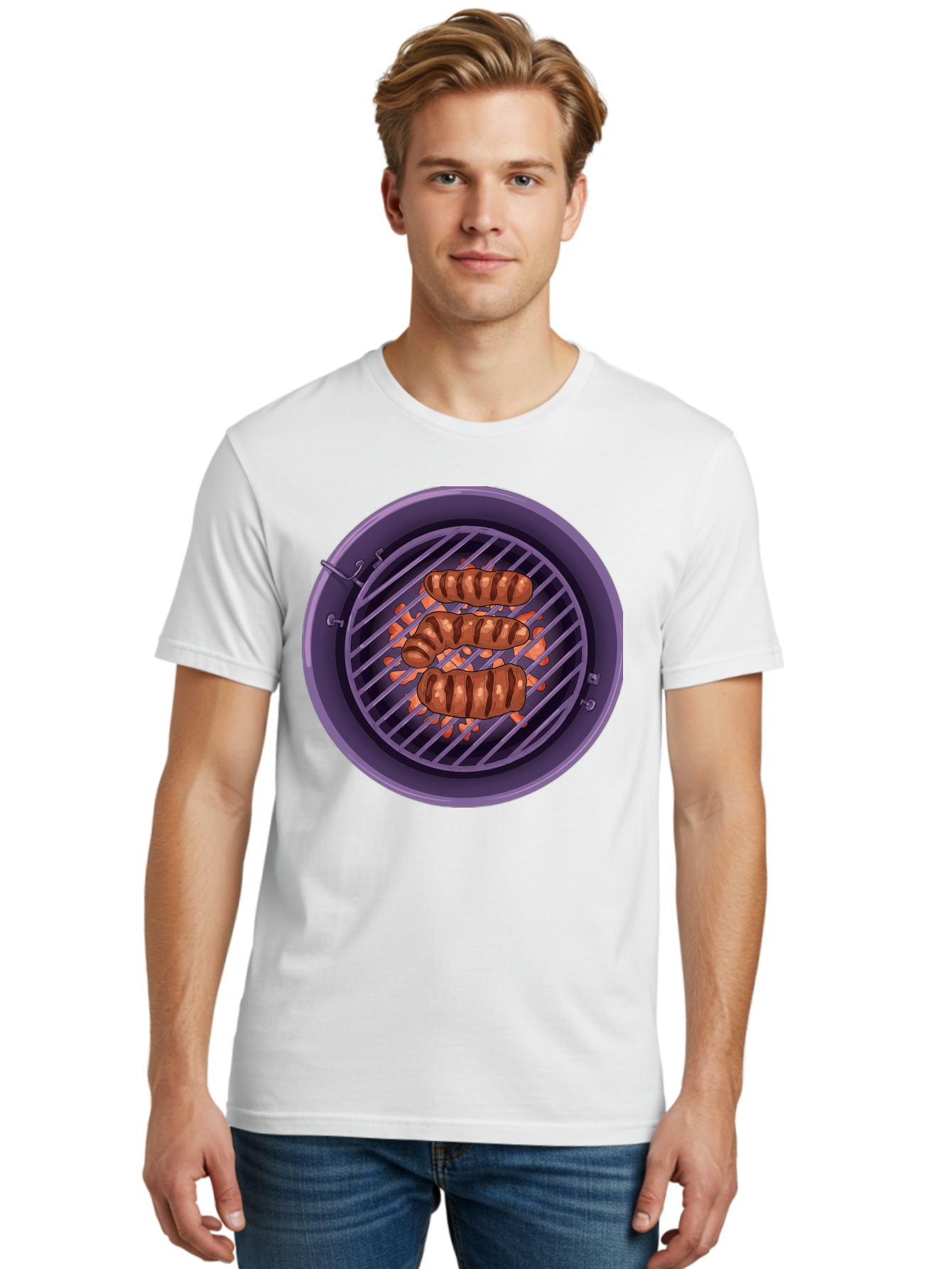Sausages-On-Grill Men'S Graphic Tee, 100% Cotton, Comfortable Casual Summer Wear, Machine Washable, Sausages On Barbecue Grill, Grilled Sausages, Barbecue Cooking, Outdoor Cooking, Summer Food, Grilled Food, Food On Grill, Barbecue Grill Bac398 17