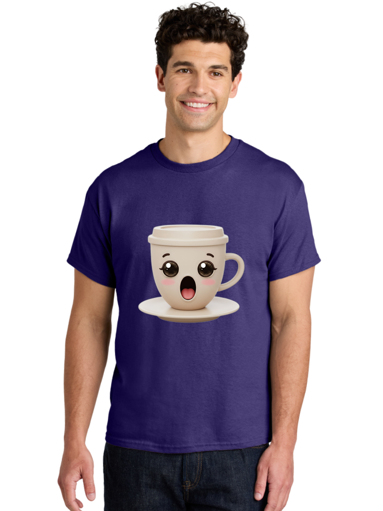 Shocked-Coffee-Cup Men'S Graphic Tee, 100% Cotton, Comfortable Casual Summer Wear, Machine Washable, Fun Coffee Cup, Surprised Expression, Coffee Break, Morning Pick-Me-Up, Kawaii Culture, Cute Face, Coffee Time, Coffee Lover Bac404 28