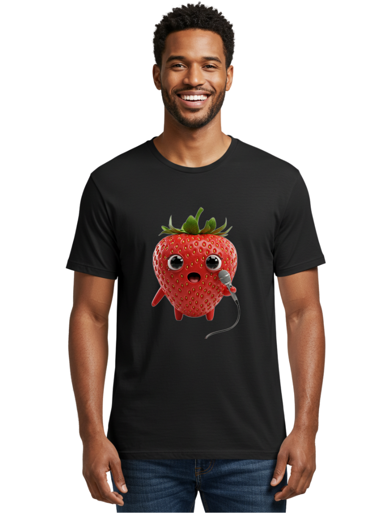 Singing-Strawberry Men'S Graphic Tee, 100% Cotton, Comfortable Casual Summer Wear, Machine Washable, Cartoon Strawberry, Anthropomorphic Fruit, Singing Strawberry, Microphone, Funny Character, Comedy, Humor, Entertaining, Animated Bac406 22