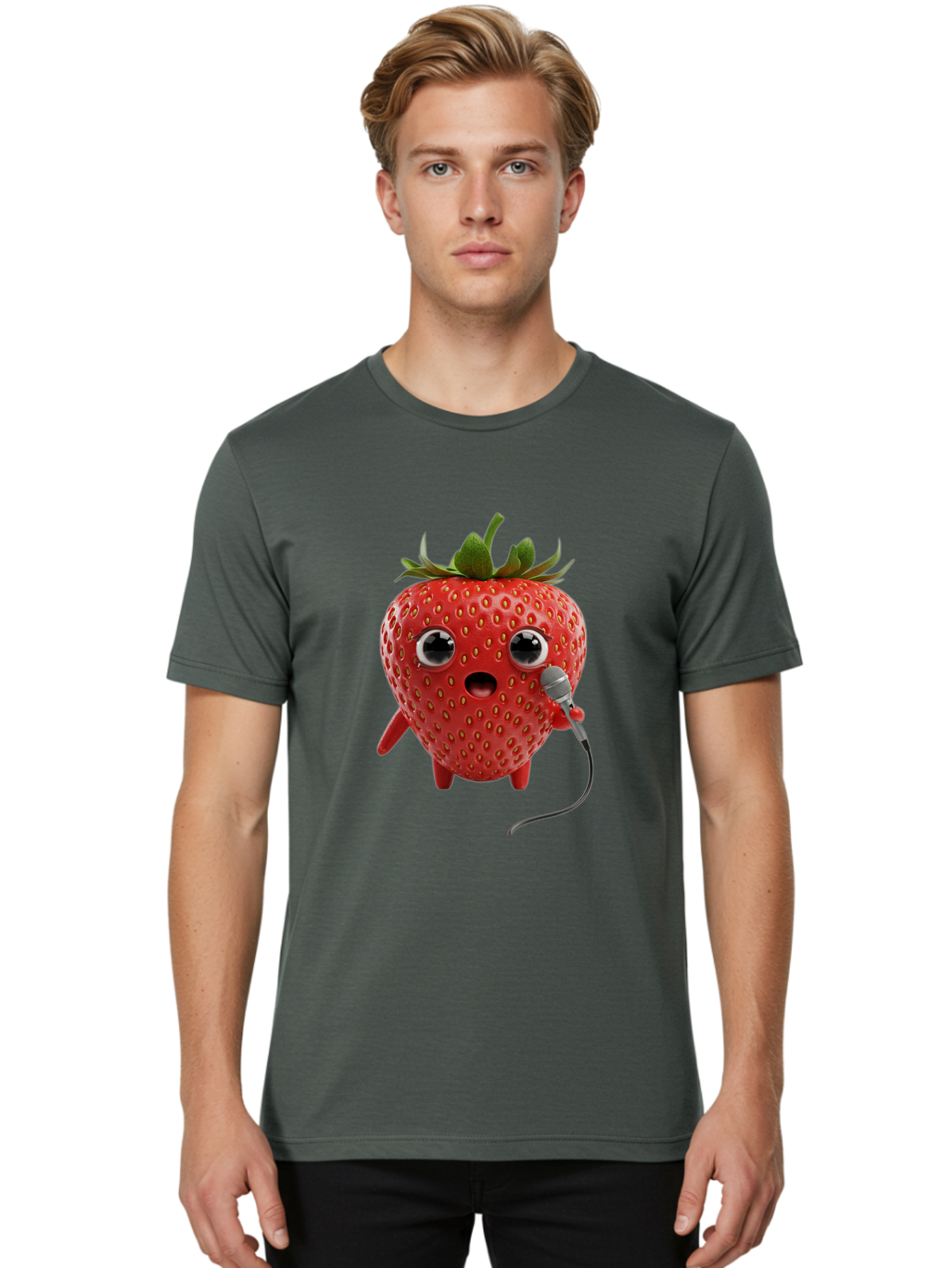 Singing-Strawberry Men'S Graphic Tee, 100% Cotton, Comfortable Casual Summer Wear, Machine Washable, Cartoon Strawberry, Anthropomorphic Fruit, Singing Strawberry, Microphone, Funny Character, Comedy, Humor, Entertaining, Animated Bac406 18