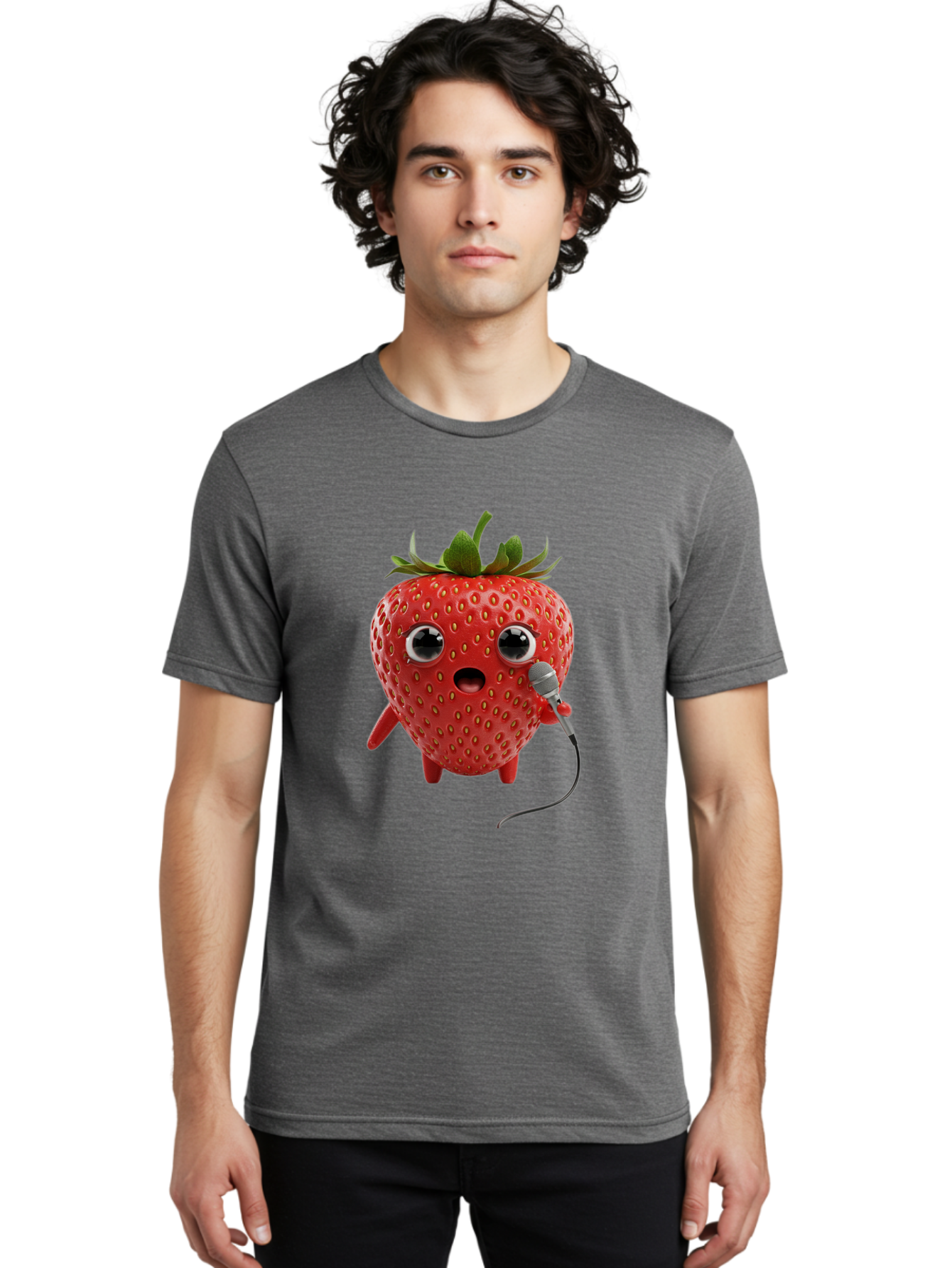 Singing-Strawberry Men'S Graphic Tee, 100% Cotton, Comfortable Casual Summer Wear, Machine Washable, Cartoon Strawberry, Anthropomorphic Fruit, Singing Strawberry, Microphone, Funny Character, Comedy, Humor, Entertaining, Animated Bac406 24