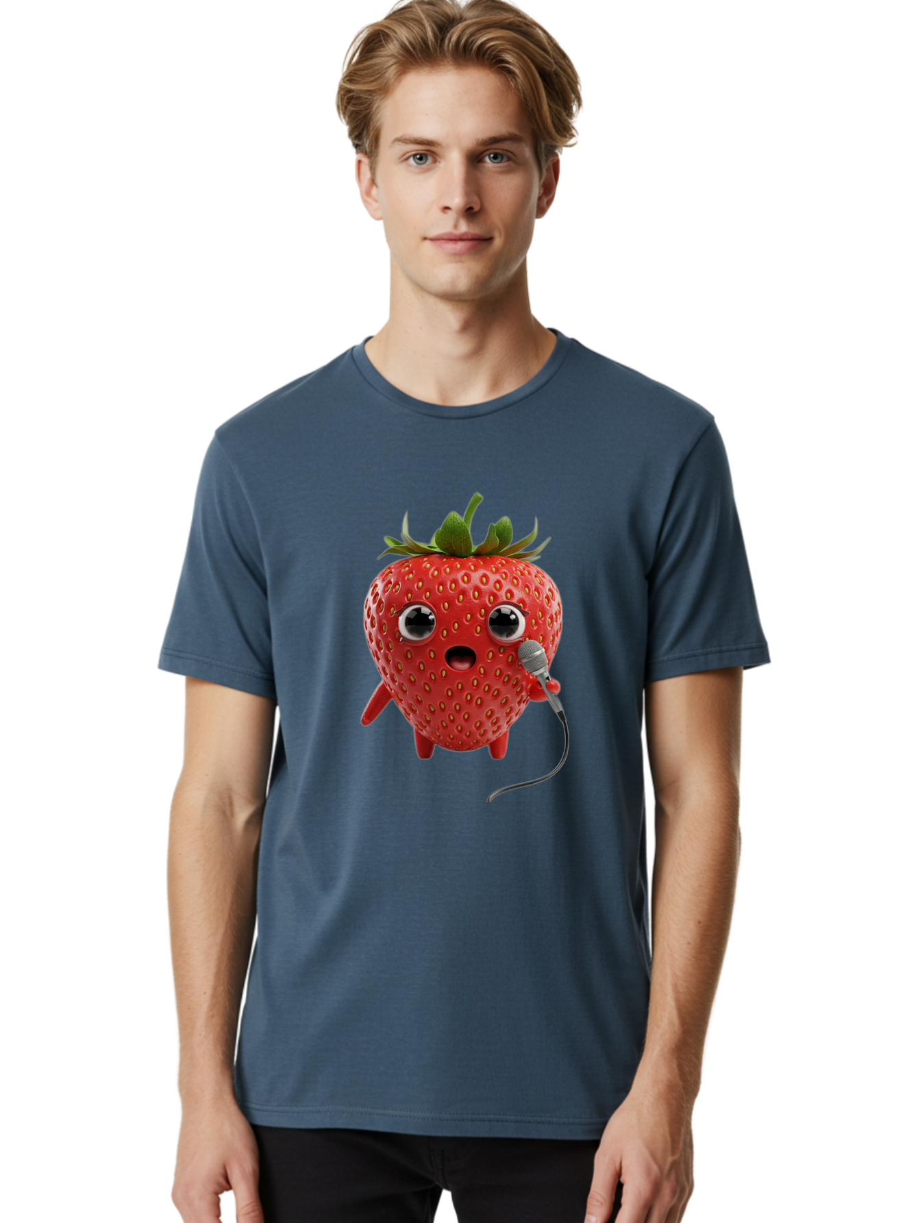 Singing-Strawberry Men'S Graphic Tee, 100% Cotton, Comfortable Casual Summer Wear, Machine Washable, Cartoon Strawberry, Anthropomorphic Fruit, Singing Strawberry, Microphone, Funny Character, Comedy, Humor, Entertaining, Animated Bac406 25