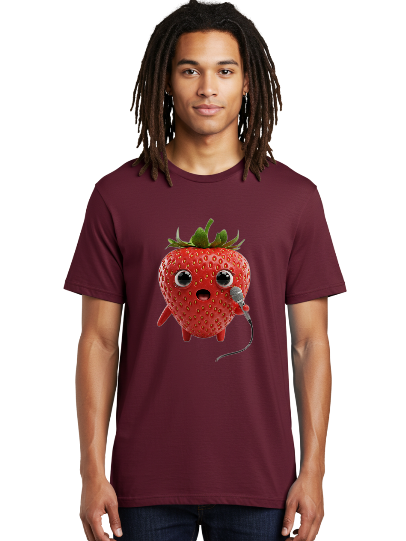 Singing-Strawberry Men'S Graphic Tee, 100% Cotton, Comfortable Casual Summer Wear, Machine Washable, Cartoon Strawberry, Anthropomorphic Fruit, Singing Strawberry, Microphone, Funny Character, Comedy, Humor, Entertaining, Animated Bac406 17