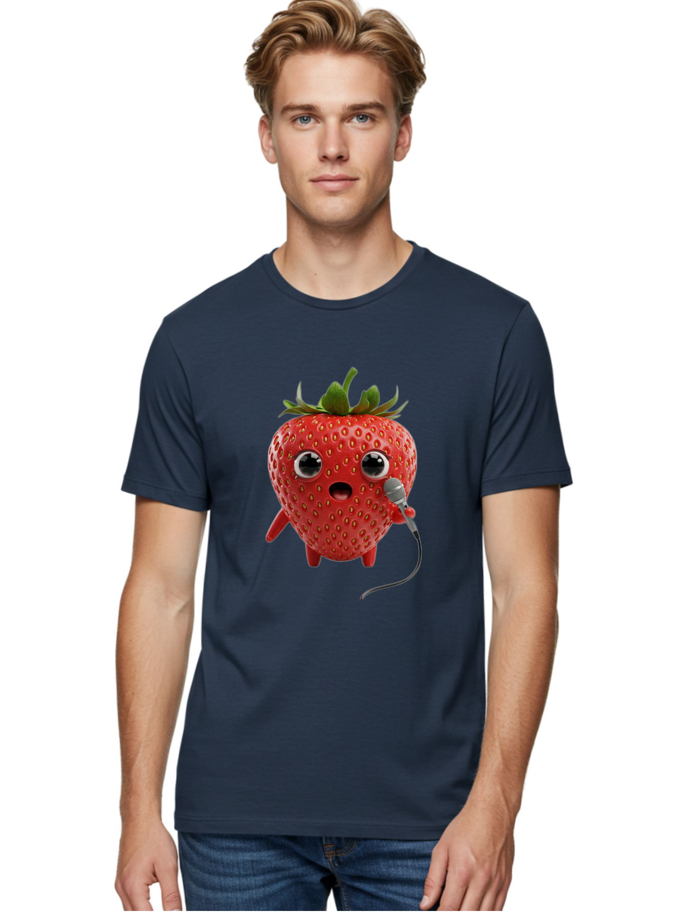 Singing-Strawberry Men'S Graphic Tee, 100% Cotton, Comfortable Casual Summer Wear, Machine Washable, Cartoon Strawberry, Anthropomorphic Fruit, Singing Strawberry, Microphone, Funny Character, Comedy, Humor, Entertaining, Animated Bac406 20
