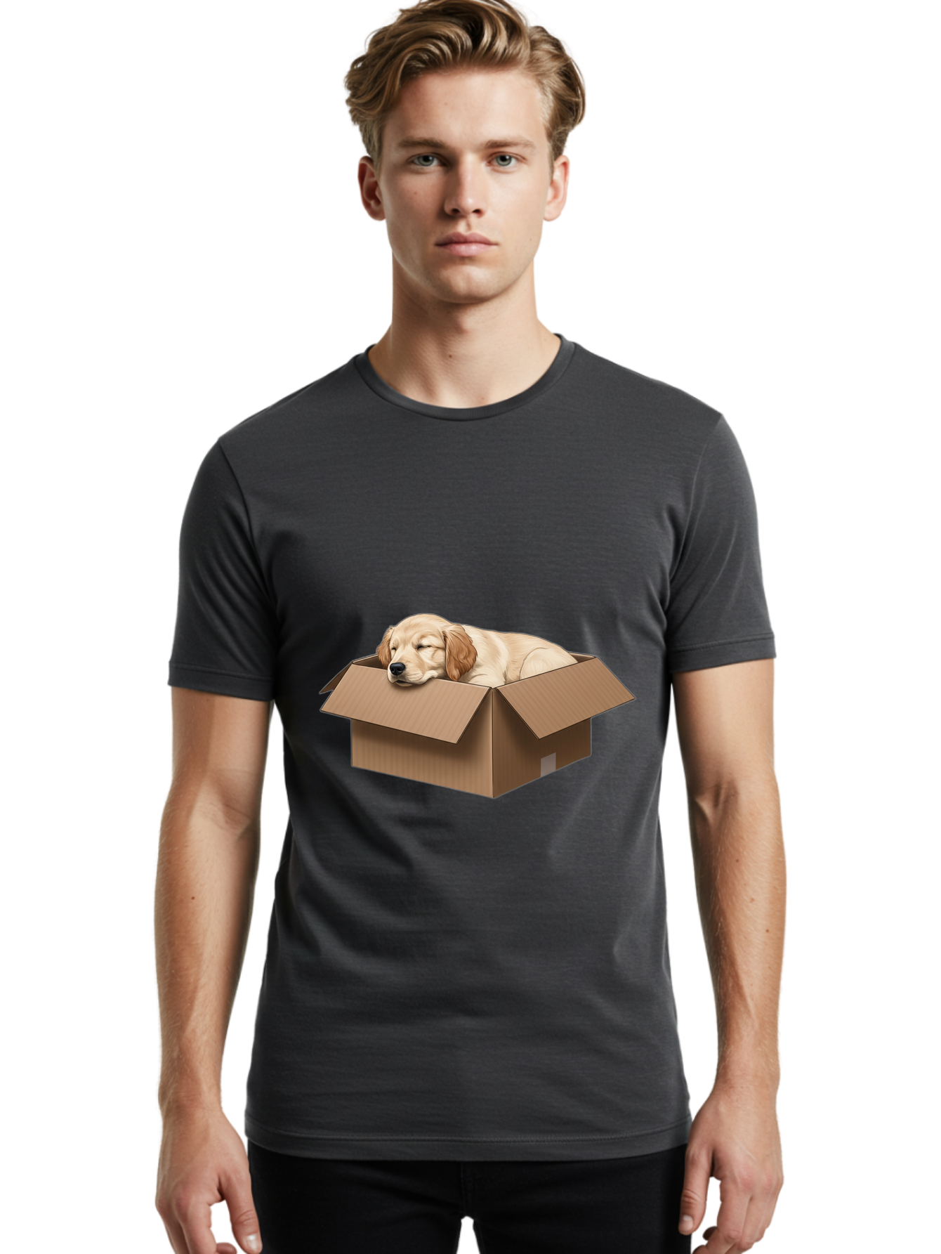 Sleeping-Puppy-1 Men'S Graphic Tee, 100% Cotton, Comfortable Casual Summer Wear, Machine Washable, Sleeping Puppy, Cardboard Box, Adorable Dog, Cute Animal, Resting Pet, Dog In Box, Peaceful Scene, Puppy Love, Cozy Atmosphere, Sweet Dreams Bac417 23