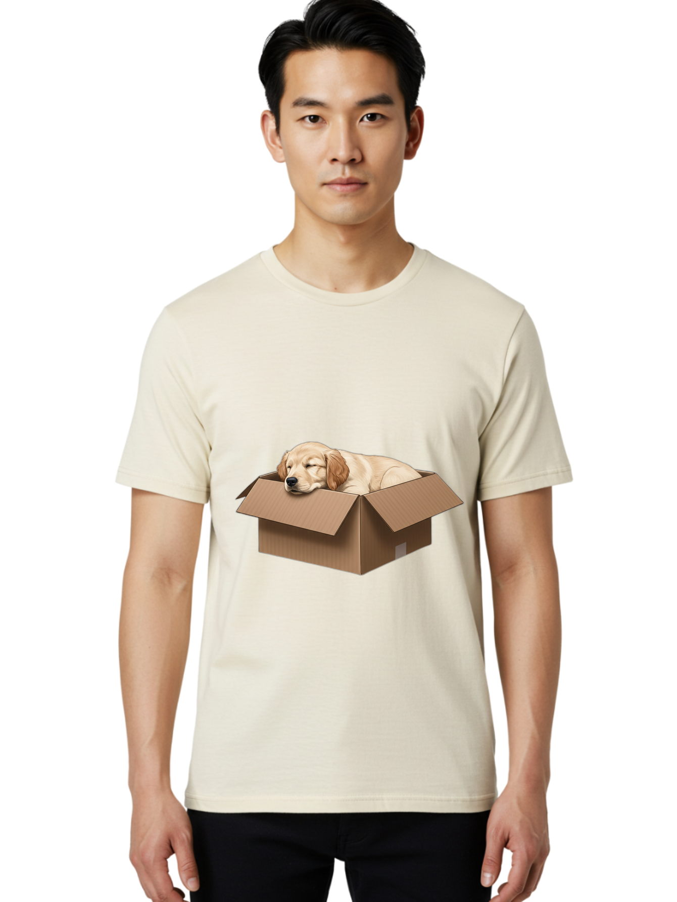 Sleeping-Puppy-1 Men'S Graphic Tee, 100% Cotton, Comfortable Casual Summer Wear, Machine Washable, Sleeping Puppy, Cardboard Box, Adorable Dog, Cute Animal, Resting Pet, Dog In Box, Peaceful Scene, Puppy Love, Cozy Atmosphere, Sweet Dreams Bac417 19