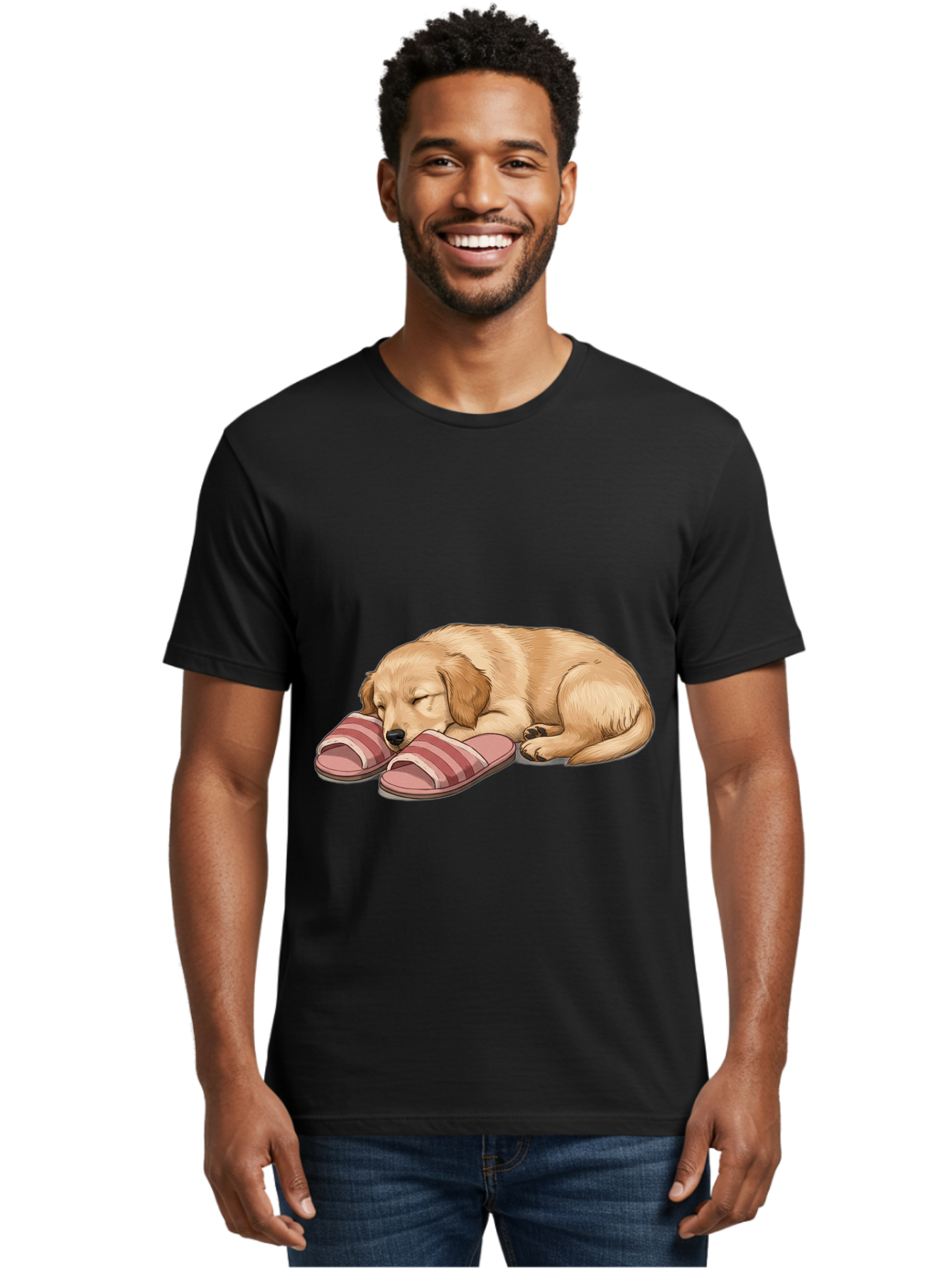 Sleeping-Puppy-2 Men'S Graphic Tee, 100% Cotton, Comfortable Casual Summer Wear, Machine Washable, Adorable Golden Retriever, Sleeping Dog, Puppy Love, Cute Cartoon, Animal Sleep, Dog Relaxation, Flip Flops, Striped Sandals, Peaceful Pup, Bac418 25