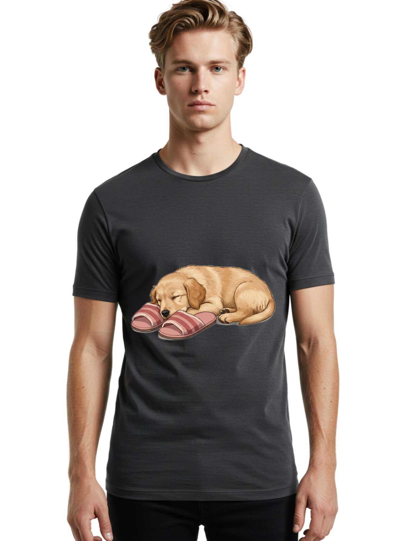 Sleeping-Puppy-2 Men'S Graphic Tee, 100% Cotton, Comfortable Casual Summer Wear, Machine Washable, Adorable Golden Retriever, Sleeping Dog, Puppy Love, Cute Cartoon, Animal Sleep, Dog Relaxation, Flip Flops, Striped Sandals, Peaceful Pup, Bac418 30