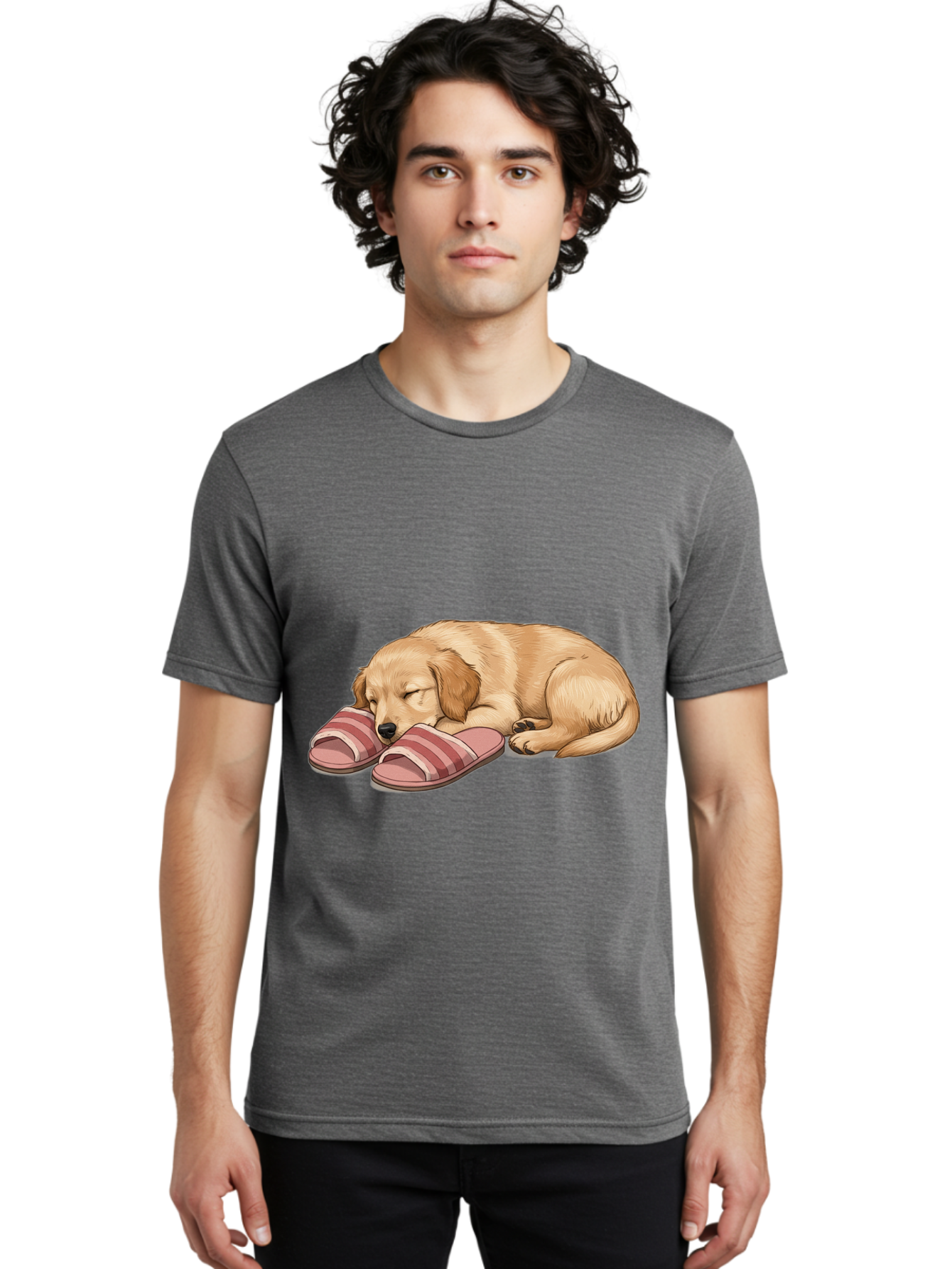Sleeping-Puppy-2 Men'S Graphic Tee, 100% Cotton, Comfortable Casual Summer Wear, Machine Washable, Adorable Golden Retriever, Sleeping Dog, Puppy Love, Cute Cartoon, Animal Sleep, Dog Relaxation, Flip Flops, Striped Sandals, Peaceful Pup, Bac418 22