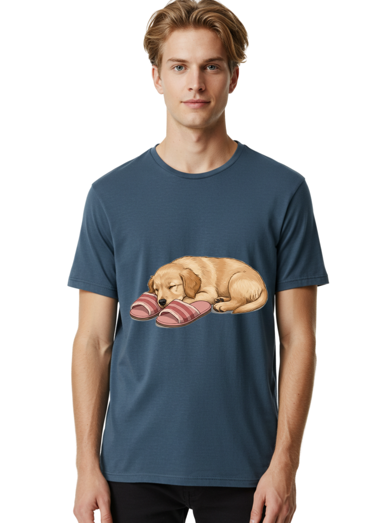 Sleeping-Puppy-2 Men'S Graphic Tee, 100% Cotton, Comfortable Casual Summer Wear, Machine Washable, Adorable Golden Retriever, Sleeping Dog, Puppy Love, Cute Cartoon, Animal Sleep, Dog Relaxation, Flip Flops, Striped Sandals, Peaceful Pup, Bac418 19