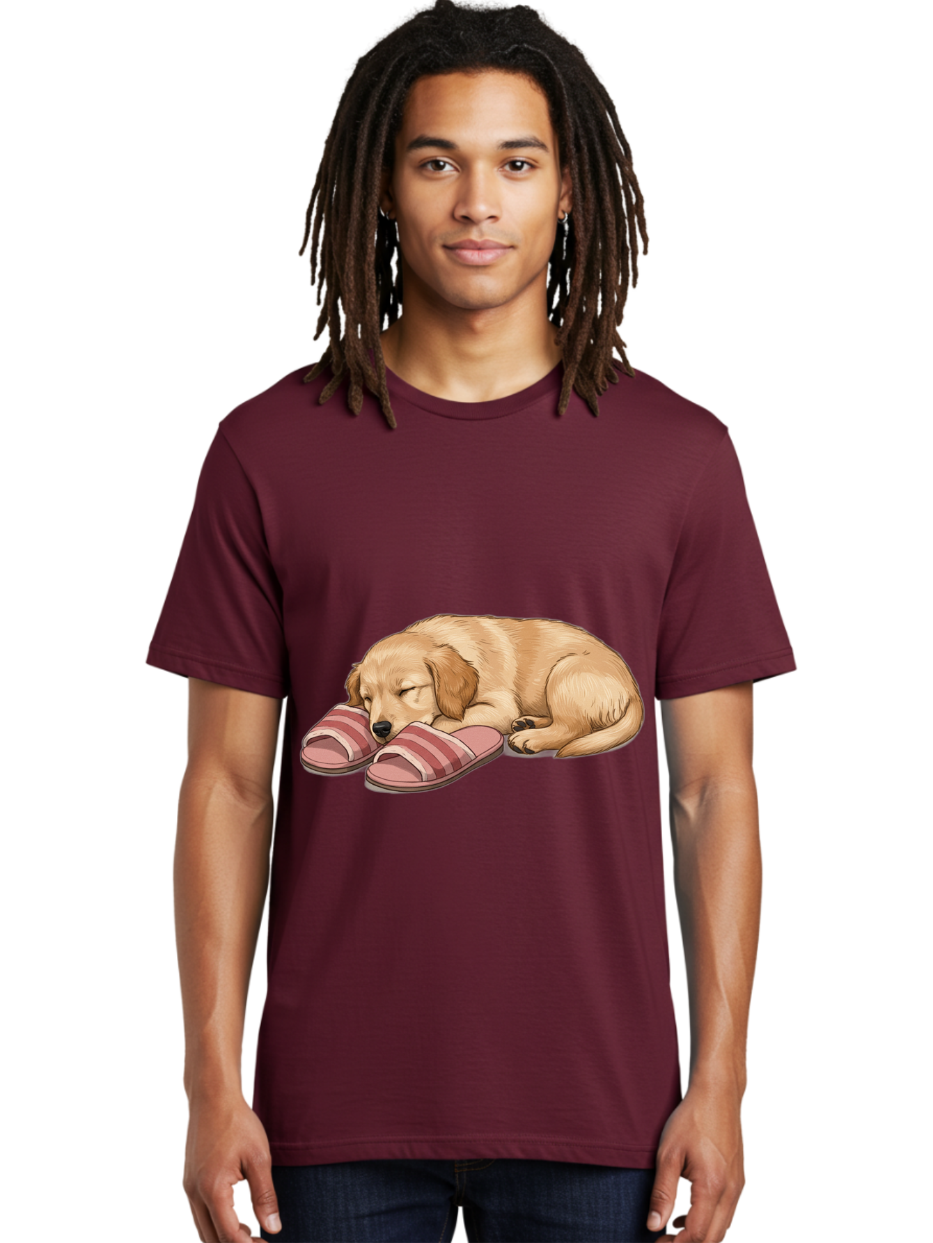 Sleeping-Puppy-2 Men'S Graphic Tee, 100% Cotton, Comfortable Casual Summer Wear, Machine Washable, Adorable Golden Retriever, Sleeping Dog, Puppy Love, Cute Cartoon, Animal Sleep, Dog Relaxation, Flip Flops, Striped Sandals, Peaceful Pup, Bac418 28