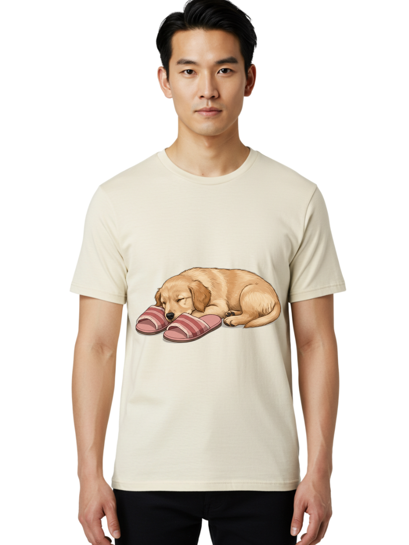 Sleeping-Puppy-2 Men'S Graphic Tee, 100% Cotton, Comfortable Casual Summer Wear, Machine Washable, Adorable Golden Retriever, Sleeping Dog, Puppy Love, Cute Cartoon, Animal Sleep, Dog Relaxation, Flip Flops, Striped Sandals, Peaceful Pup, Bac418 29