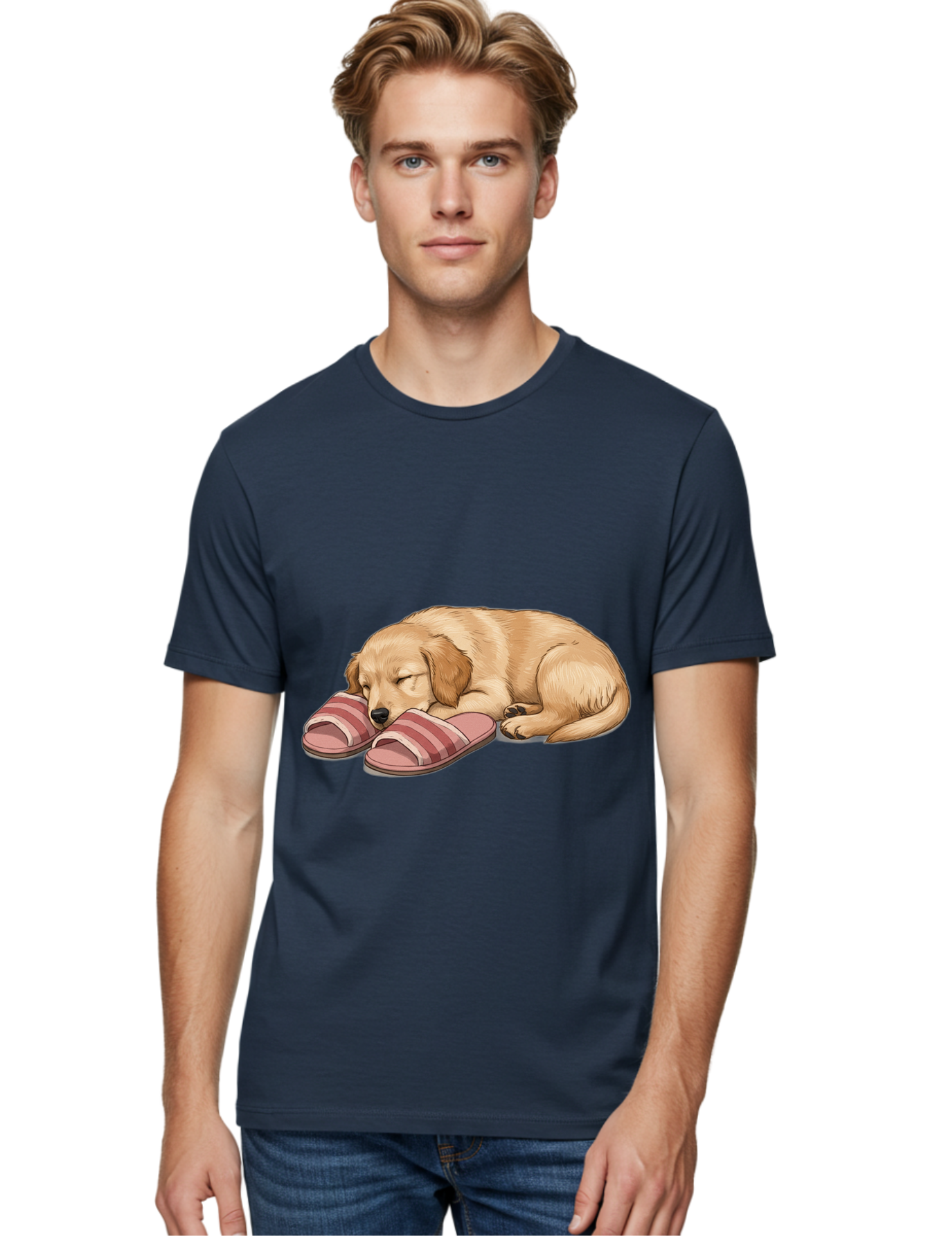 Sleeping-Puppy-2 Men'S Graphic Tee, 100% Cotton, Comfortable Casual Summer Wear, Machine Washable, Adorable Golden Retriever, Sleeping Dog, Puppy Love, Cute Cartoon, Animal Sleep, Dog Relaxation, Flip Flops, Striped Sandals, Peaceful Pup, Bac418 18