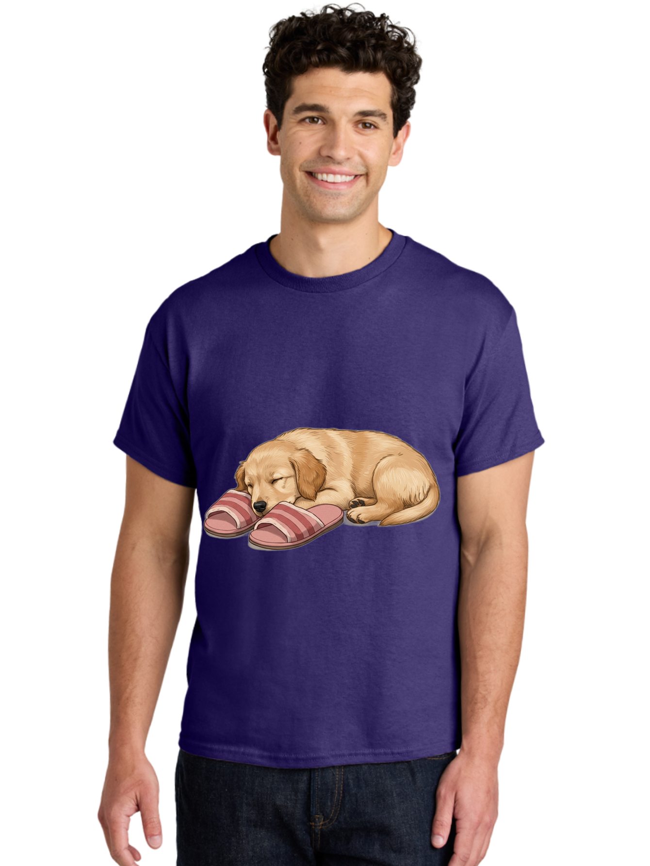 Sleeping-Puppy-2 Men'S Graphic Tee, 100% Cotton, Comfortable Casual Summer Wear, Machine Washable, Adorable Golden Retriever, Sleeping Dog, Puppy Love, Cute Cartoon, Animal Sleep, Dog Relaxation, Flip Flops, Striped Sandals, Peaceful Pup, Bac418 21