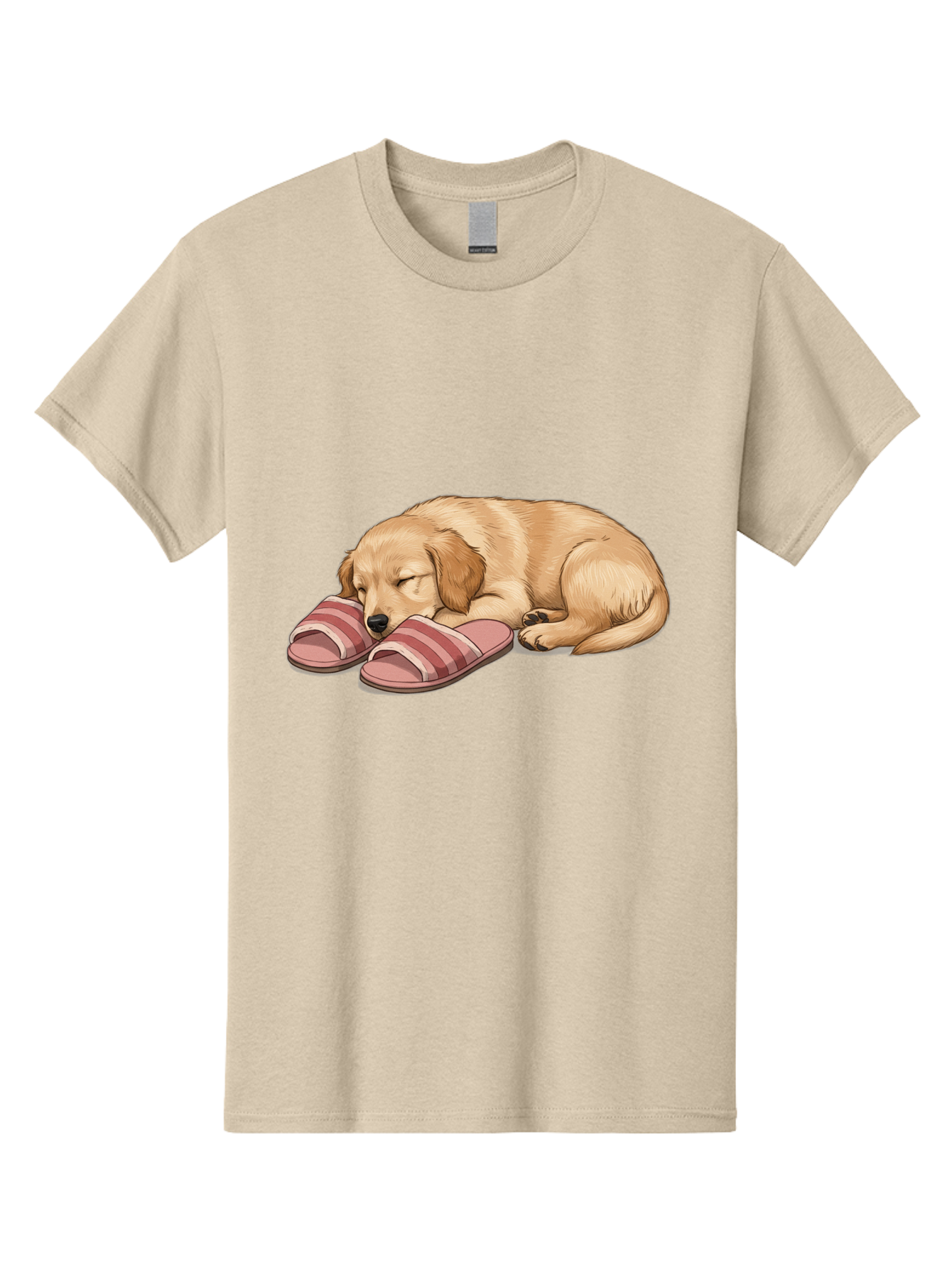Sleeping-Puppy-2 Men'S Graphic Tee, 100% Cotton, Comfortable Casual Summer Wear, Machine Washable, Adorable Golden Retriever, Sleeping Dog, Puppy Love, Cute Cartoon, Animal Sleep, Dog Relaxation, Flip Flops, Striped Sandals, Peaceful Pup, Bac418 1