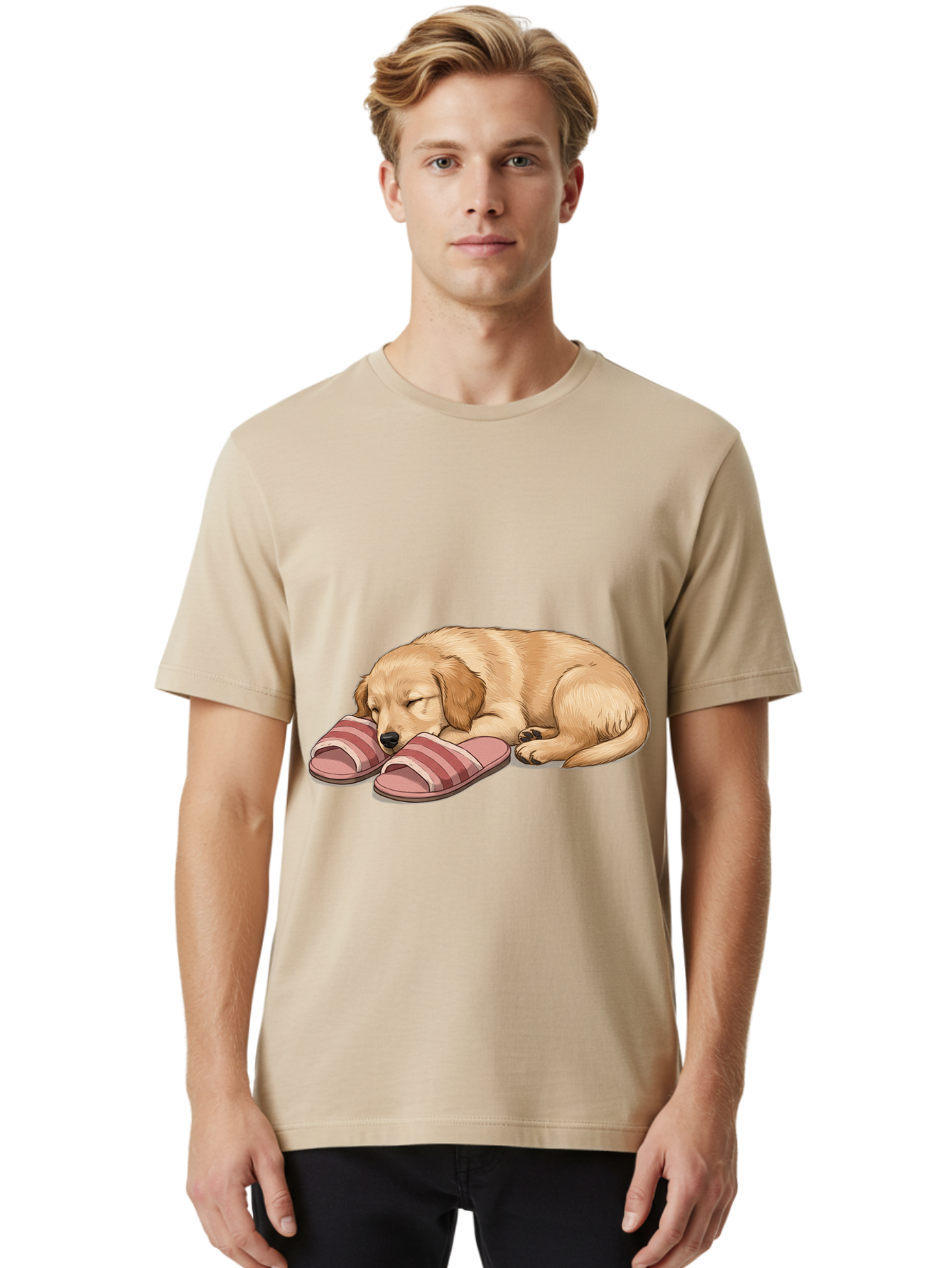 Sleeping-Puppy-2 Men'S Graphic Tee, 100% Cotton, Comfortable Casual Summer Wear, Machine Washable, Adorable Golden Retriever, Sleeping Dog, Puppy Love, Cute Cartoon, Animal Sleep, Dog Relaxation, Flip Flops, Striped Sandals, Peaceful Pup, Bac418 16