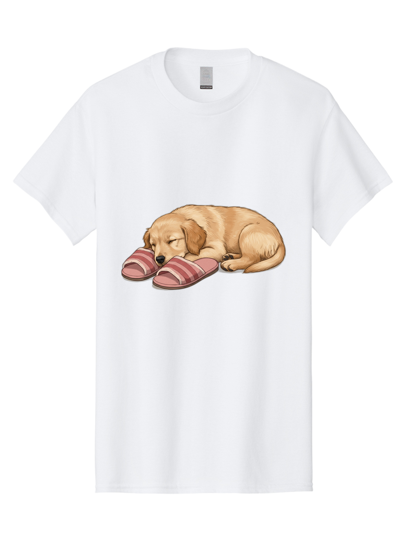 Sleeping-Puppy-2 Men'S Graphic Tee, 100% Cotton, Comfortable Casual Summer Wear, Machine Washable, Adorable Golden Retriever, Sleeping Dog, Puppy Love, Cute Cartoon, Animal Sleep, Dog Relaxation, Flip Flops, Striped Sandals, Peaceful Pup, Bac418 2
