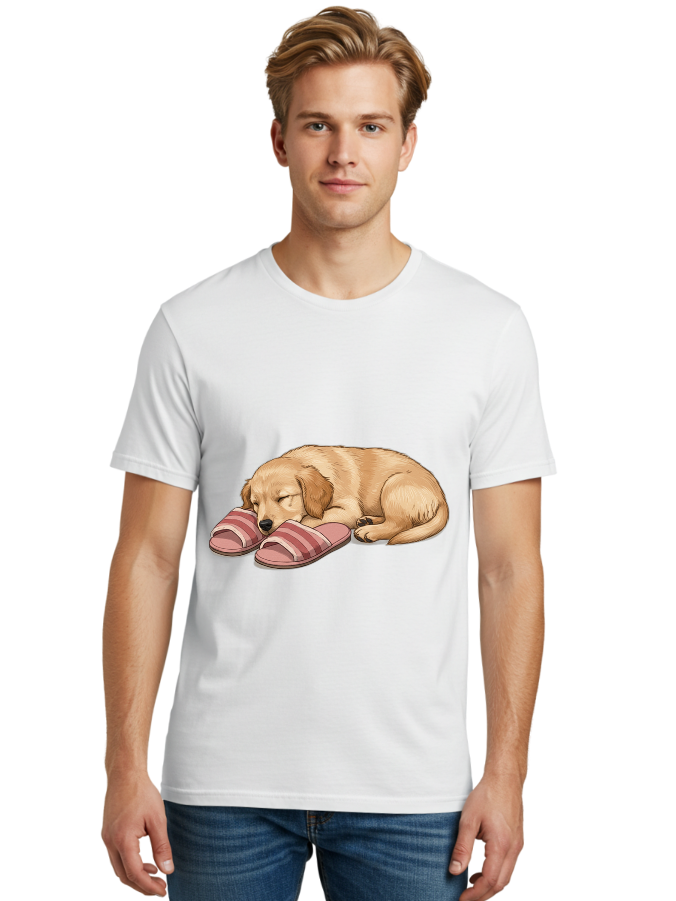 Sleeping-Puppy-2 Men'S Graphic Tee, 100% Cotton, Comfortable Casual Summer Wear, Machine Washable, Adorable Golden Retriever, Sleeping Dog, Puppy Love, Cute Cartoon, Animal Sleep, Dog Relaxation, Flip Flops, Striped Sandals, Peaceful Pup, Bac418 17