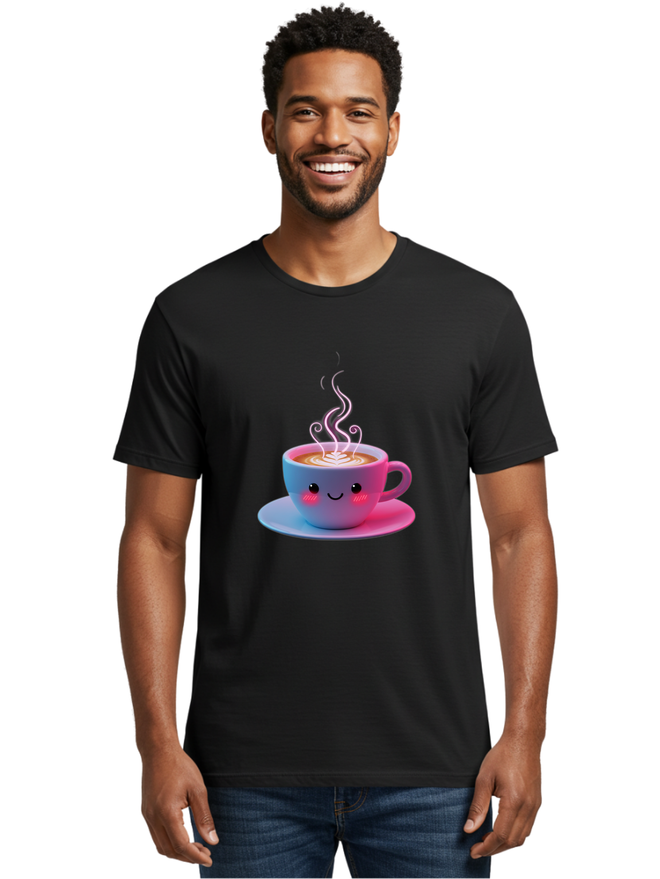 Smiling-Coffee-Mug Men'S Graphic Tee, 100% Cotton, Comfortable Casual Summer Wear, Machine Washable, Kawaii Coffee Cup, Steaming Hot Cappuccino, Latte Art, Smiling Face, Pink Cheeks, Adorable Design, Morning Coffee, Coffee Lover, Bac425 24