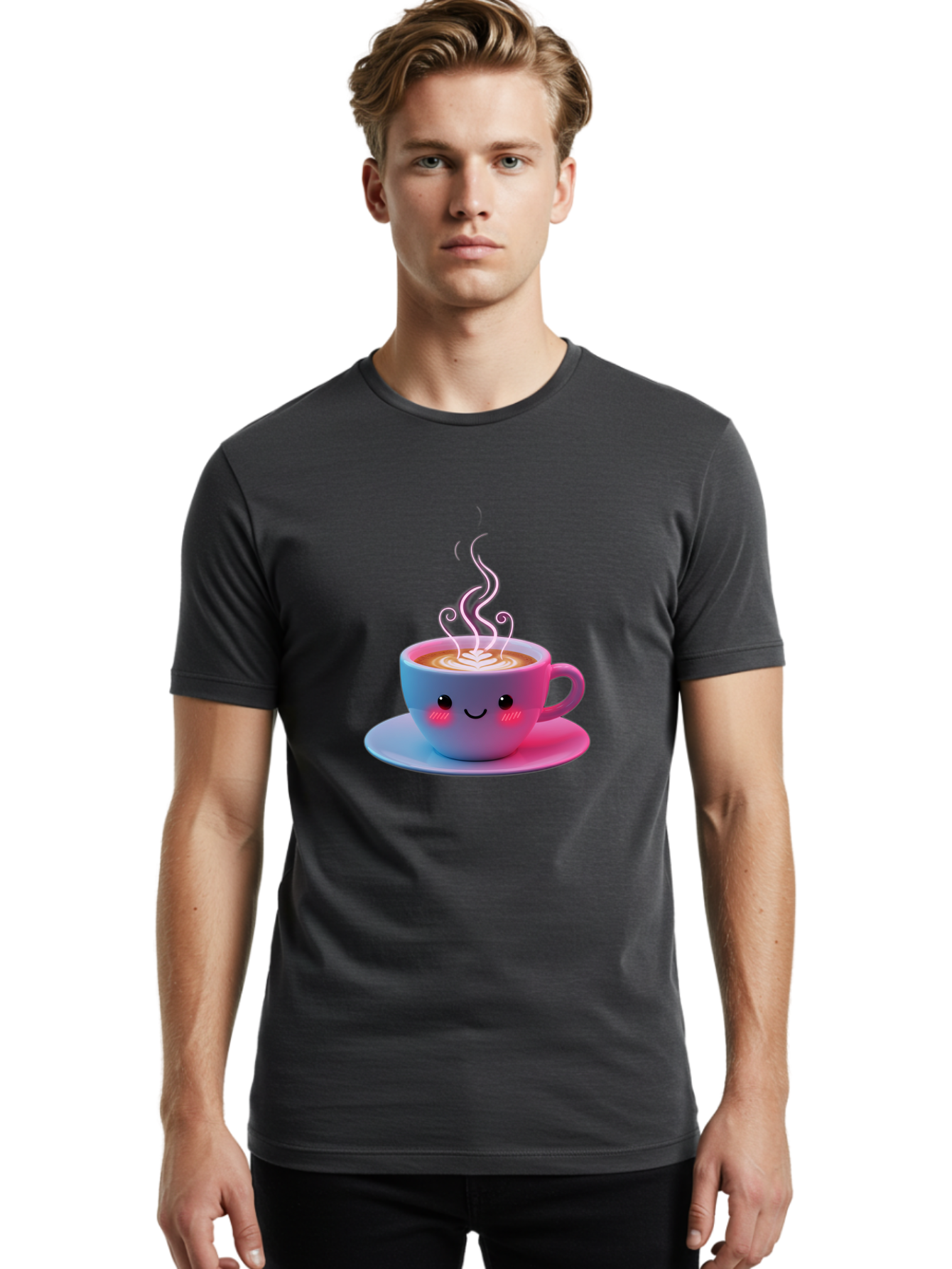 Smiling-Coffee-Mug Men'S Graphic Tee, 100% Cotton, Comfortable Casual Summer Wear, Machine Washable, Kawaii Coffee Cup, Steaming Hot Cappuccino, Latte Art, Smiling Face, Pink Cheeks, Adorable Design, Morning Coffee, Coffee Lover, Bac425 17