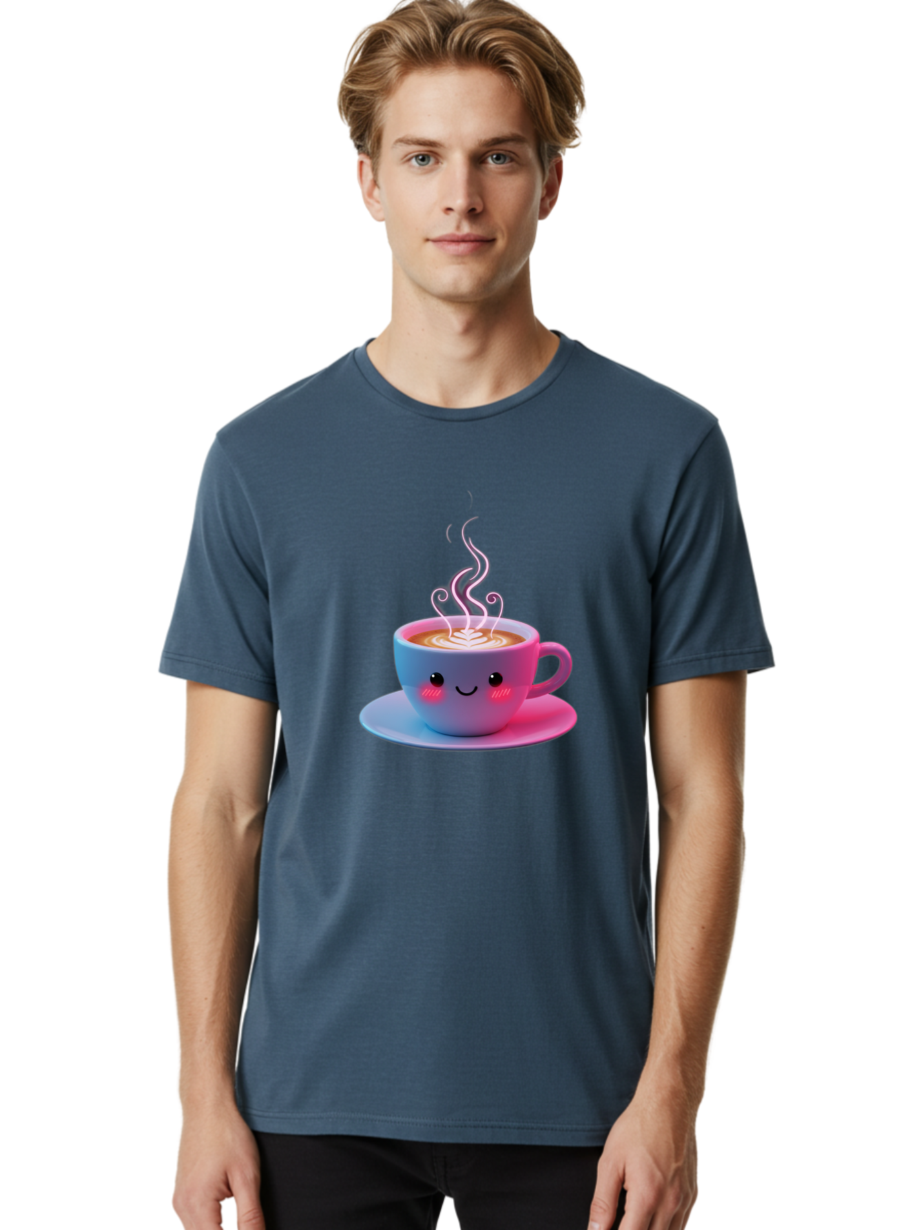 Smiling-Coffee-Mug Men'S Graphic Tee, 100% Cotton, Comfortable Casual Summer Wear, Machine Washable, Kawaii Coffee Cup, Steaming Hot Cappuccino, Latte Art, Smiling Face, Pink Cheeks, Adorable Design, Morning Coffee, Coffee Lover, Bac425 18
