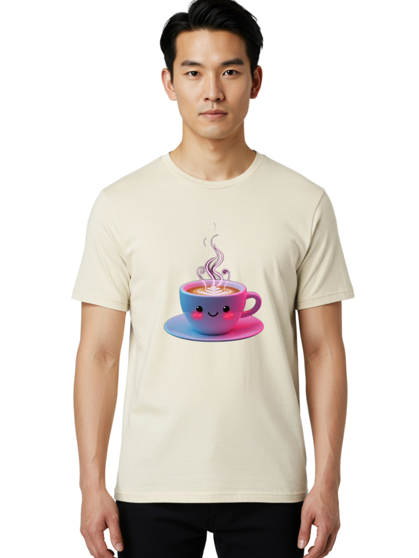Smiling-Coffee-Mug Men'S Graphic Tee, 100% Cotton, Comfortable Casual Summer Wear, Machine Washable, Kawaii Coffee Cup, Steaming Hot Cappuccino, Latte Art, Smiling Face, Pink Cheeks, Adorable Design, Morning Coffee, Coffee Lover, Bac425 20