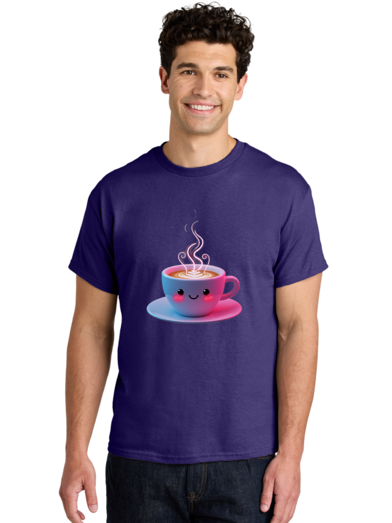 Smiling-Coffee-Mug Men'S Graphic Tee, 100% Cotton, Comfortable Casual Summer Wear, Machine Washable, Kawaii Coffee Cup, Steaming Hot Cappuccino, Latte Art, Smiling Face, Pink Cheeks, Adorable Design, Morning Coffee, Coffee Lover, Bac425 25