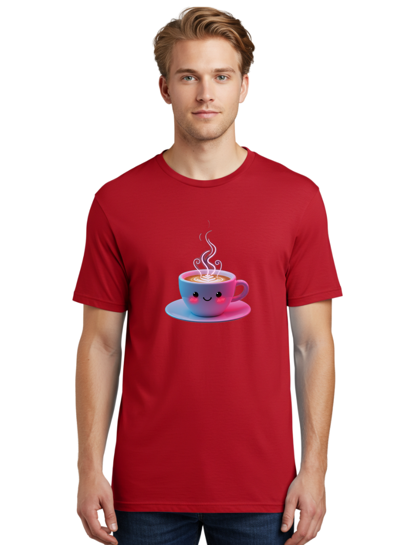 Smiling-Coffee-Mug Men'S Graphic Tee, 100% Cotton, Comfortable Casual Summer Wear, Machine Washable, Kawaii Coffee Cup, Steaming Hot Cappuccino, Latte Art, Smiling Face, Pink Cheeks, Adorable Design, Morning Coffee, Coffee Lover, Bac425 26