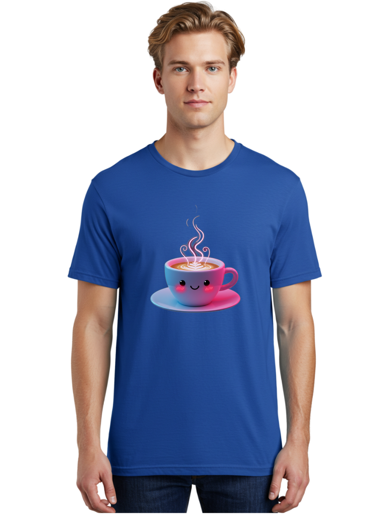 Smiling-Coffee-Mug Men'S Graphic Tee, 100% Cotton, Comfortable Casual Summer Wear, Machine Washable, Kawaii Coffee Cup, Steaming Hot Cappuccino, Latte Art, Smiling Face, Pink Cheeks, Adorable Design, Morning Coffee, Coffee Lover, Bac425 22