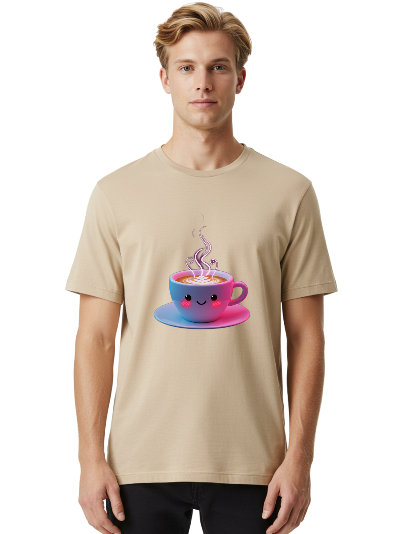 Smiling-Coffee-Mug Men'S Graphic Tee, 100% Cotton, Comfortable Casual Summer Wear, Machine Washable, Kawaii Coffee Cup, Steaming Hot Cappuccino, Latte Art, Smiling Face, Pink Cheeks, Adorable Design, Morning Coffee, Coffee Lover, Bac425 23