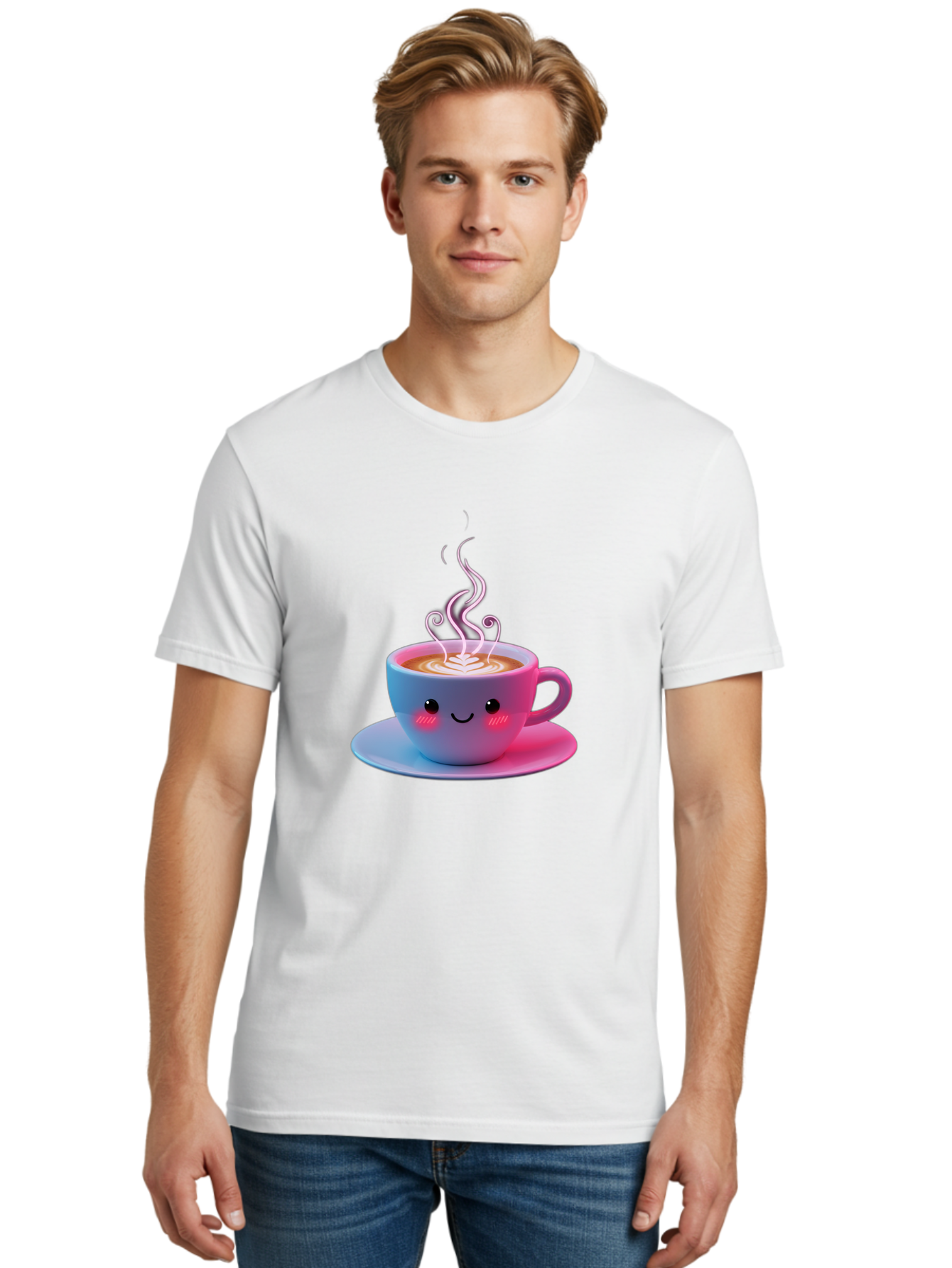 Smiling-Coffee-Mug Men'S Graphic Tee, 100% Cotton, Comfortable Casual Summer Wear, Machine Washable, Kawaii Coffee Cup, Steaming Hot Cappuccino, Latte Art, Smiling Face, Pink Cheeks, Adorable Design, Morning Coffee, Coffee Lover, Bac425 30