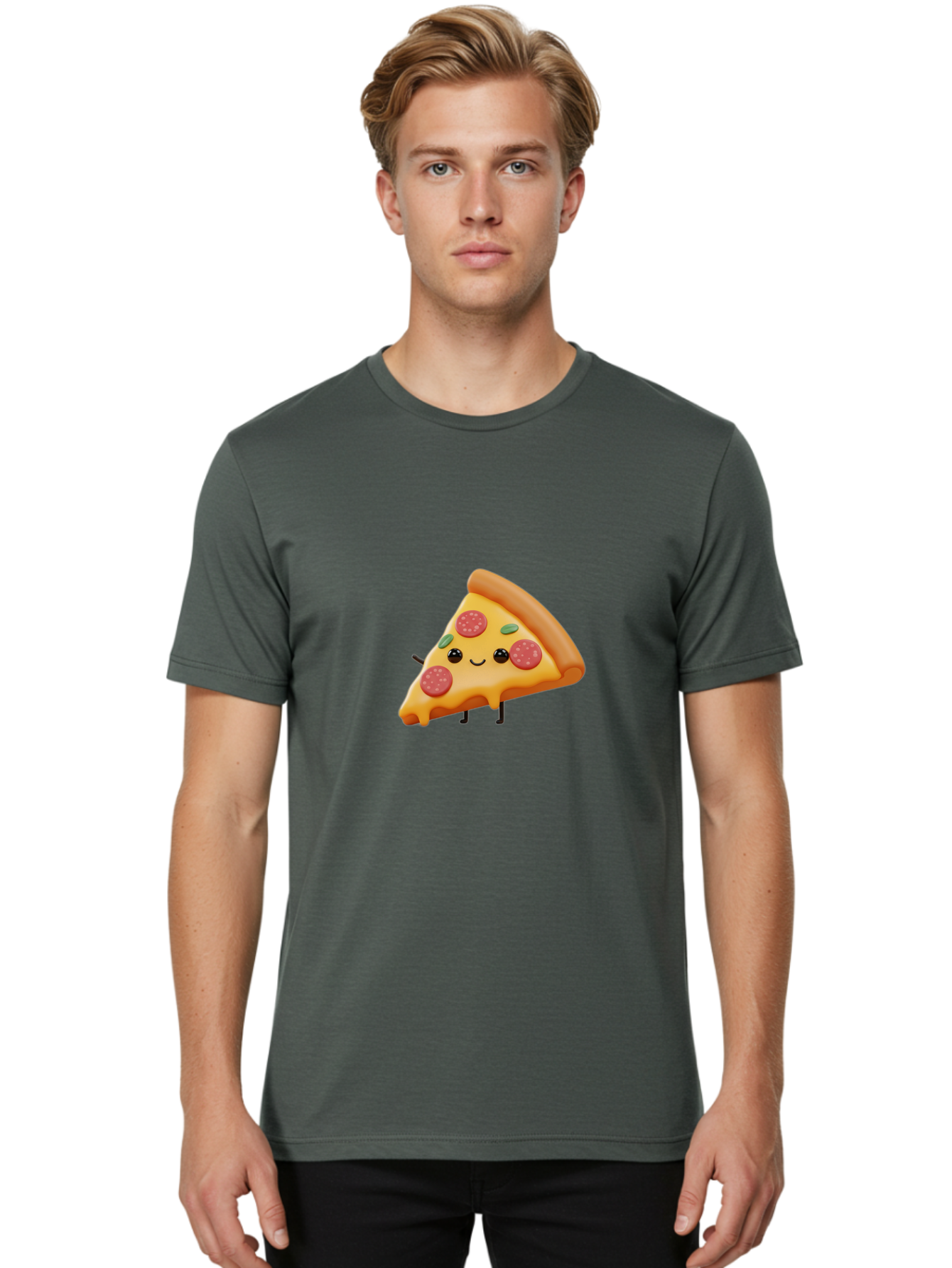 Smiling-Pizza-Slice Men'S Graphic Tee, 100% Cotton, Comfortable Casual Summer Wear, Machine Washable, Pepperoni Pizza Slice, Cartoon Character, Cheesy Goodness, Melted Cheese, Green Olives, Funny Face, Animated Food, Cartoon Pizza Bac430 18