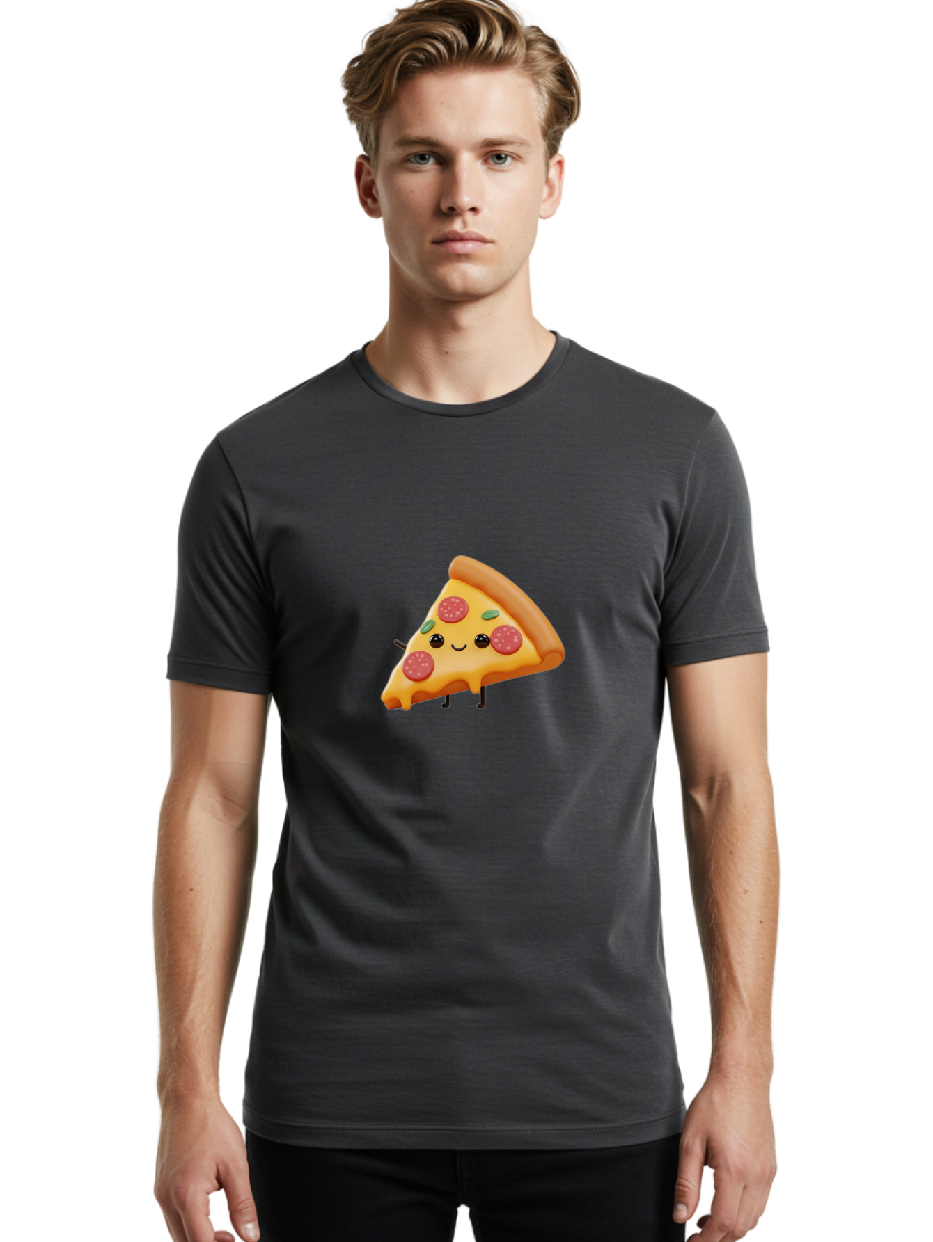 Smiling-Pizza-Slice Men'S Graphic Tee, 100% Cotton, Comfortable Casual Summer Wear, Machine Washable, Pepperoni Pizza Slice, Cartoon Character, Cheesy Goodness, Melted Cheese, Green Olives, Funny Face, Animated Food, Cartoon Pizza Bac430 28