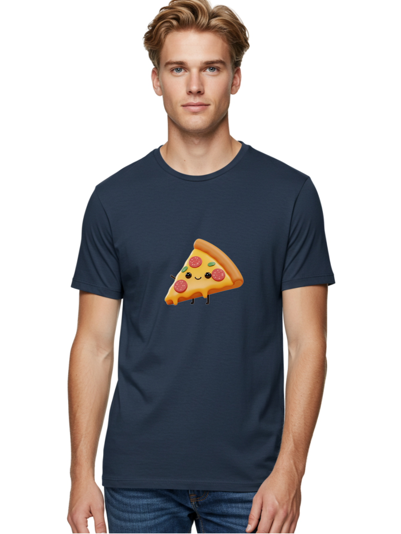 Smiling-Pizza-Slice Men'S Graphic Tee, 100% Cotton, Comfortable Casual Summer Wear, Machine Washable, Pepperoni Pizza Slice, Cartoon Character, Cheesy Goodness, Melted Cheese, Green Olives, Funny Face, Animated Food, Cartoon Pizza Bac430 25