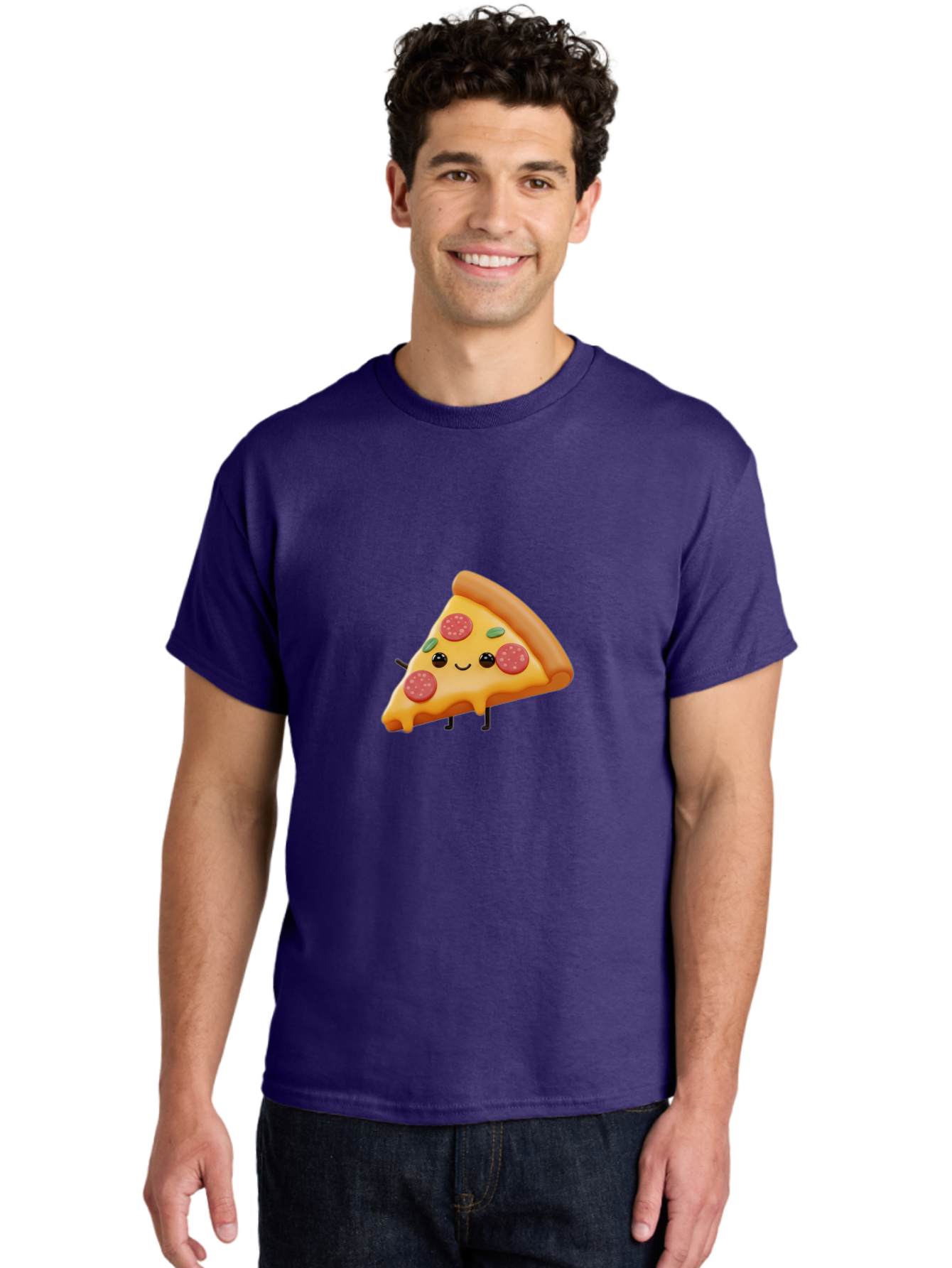 Smiling-Pizza-Slice Men'S Graphic Tee, 100% Cotton, Comfortable Casual Summer Wear, Machine Washable, Pepperoni Pizza Slice, Cartoon Character, Cheesy Goodness, Melted Cheese, Green Olives, Funny Face, Animated Food, Cartoon Pizza Bac430 27