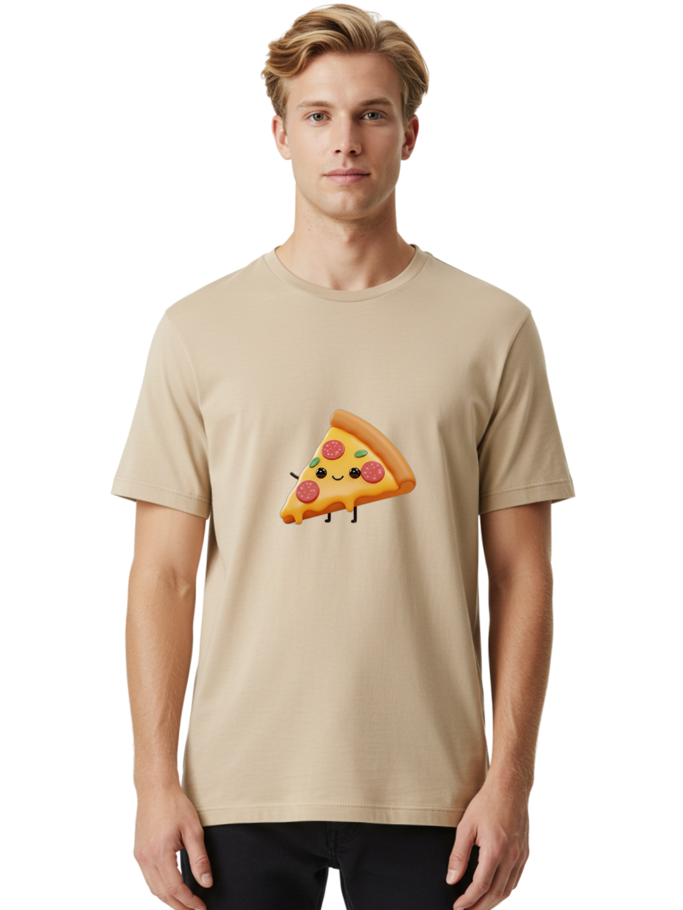 Smiling-Pizza-Slice Men'S Graphic Tee, 100% Cotton, Comfortable Casual Summer Wear, Machine Washable, Pepperoni Pizza Slice, Cartoon Character, Cheesy Goodness, Melted Cheese, Green Olives, Funny Face, Animated Food, Cartoon Pizza Bac430 23